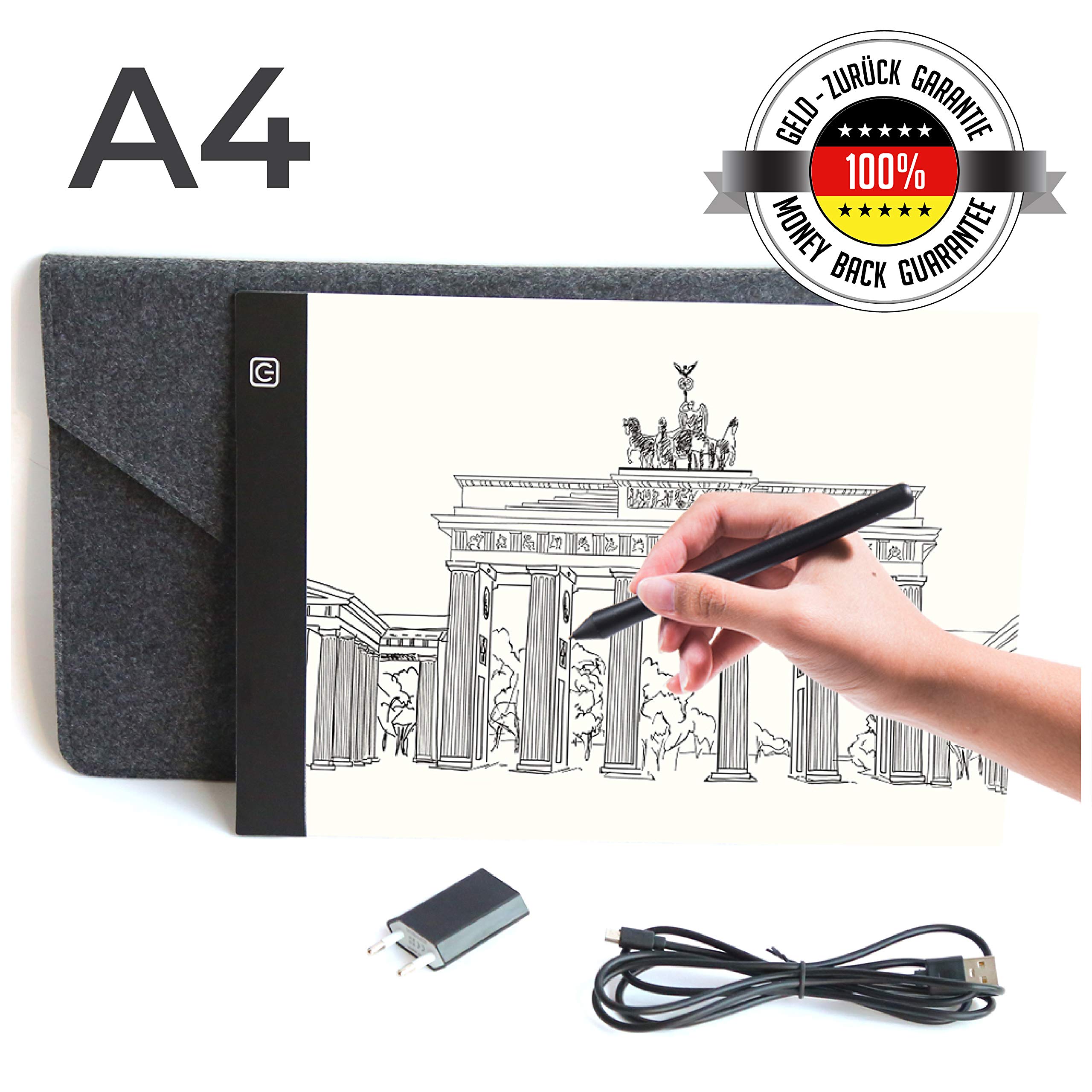 Professional LED Light Board - Super Slim Art Box Ideal for Drawing, Copying, and Tracing - Adjustable Brightness - with a Charger and a case - A4