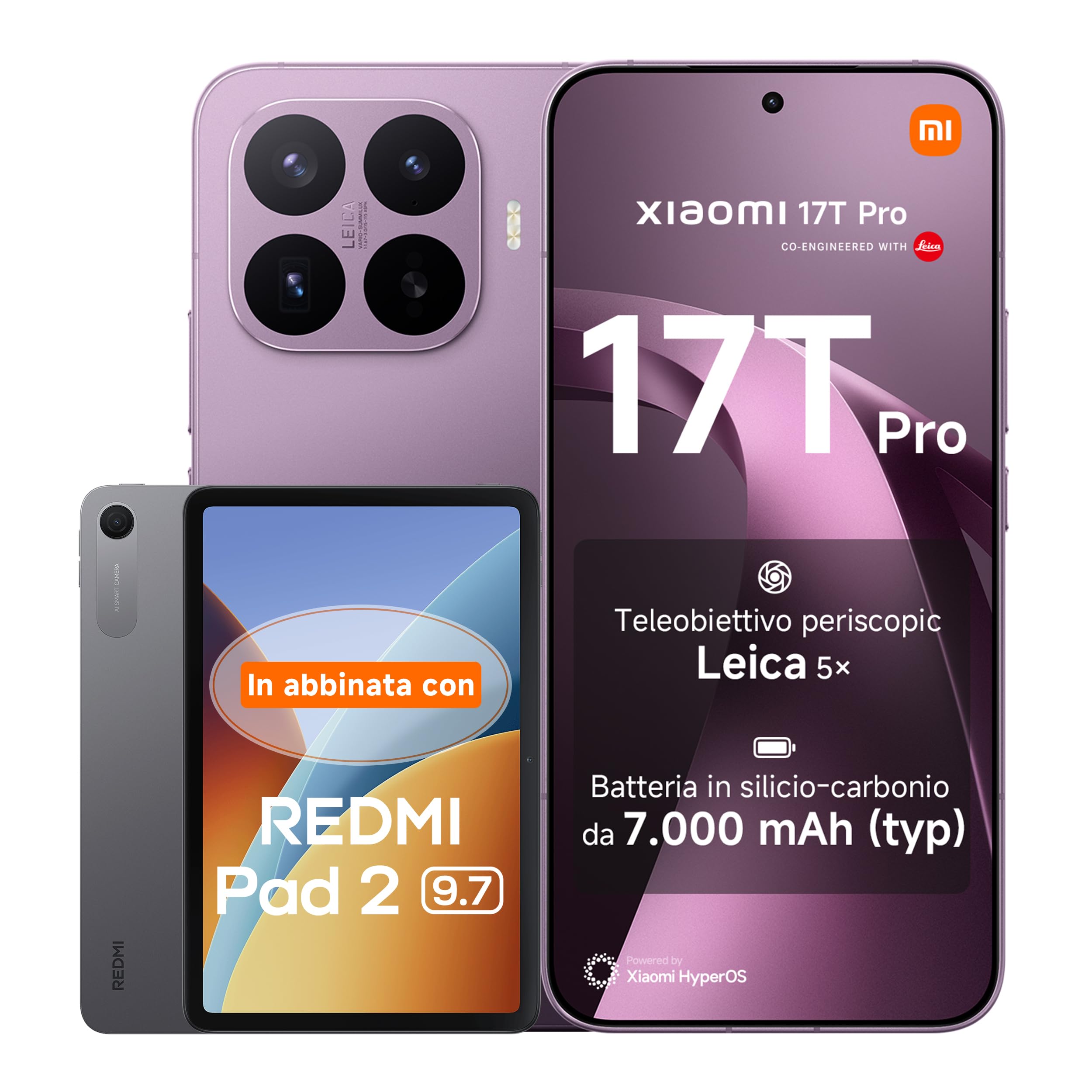 Xiaomi 17T Pro, Smartphone 12+512GB, Display Eye-Care 6,83" 144Hz,Batteria Silicio-carbonio 7000mAh (typ), Teleobiettivo Leica 5x, 100W HyperCharge, Deep Violet, Garanzia 3 anni+REDMI Pad 2 9.7' 64GB