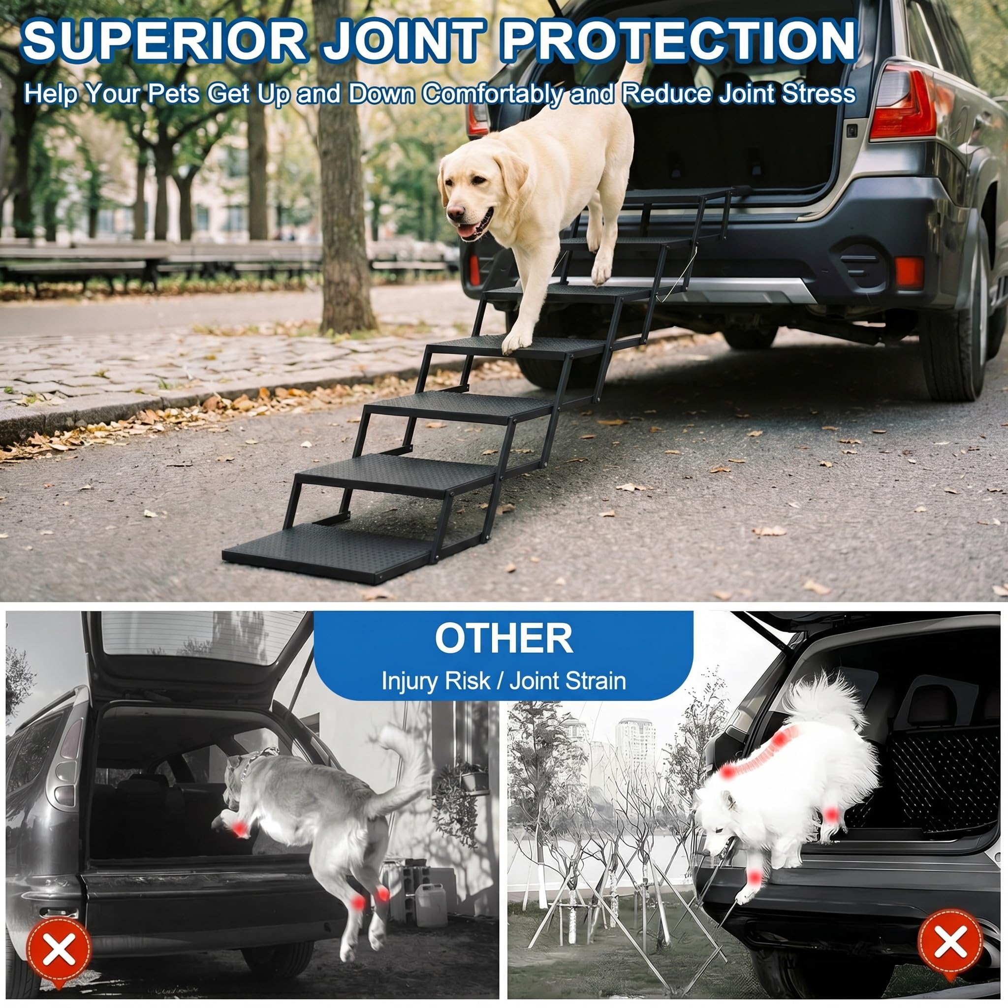 Escalier Pliable pour Chien - pour Grands Chiens (jusqu'à 113 kg) et Vieux Chiens - Aide à l'entrée en Voiture - pour SUV, Camion, Coffre - avec Insert antidérapant - 7 marches