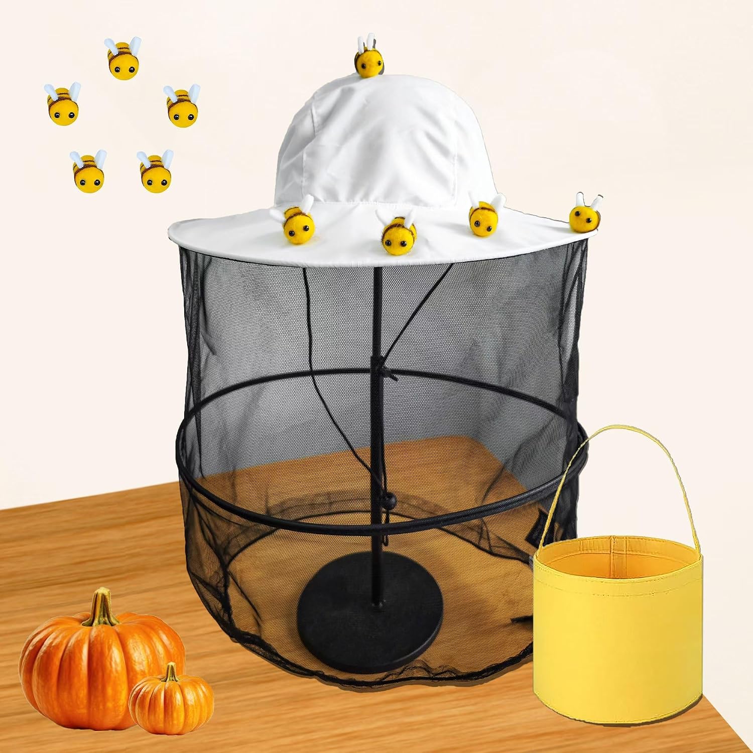 64Pcs Beekeeper hat Set Including 1Pc Bee Keeper Hat, a Pair of Gloves,10Pcs Wool Felt Bee, Round Double Sided Tape,Bee Keeper Costume with Netting for Beekeeper Halloween Costume Adult