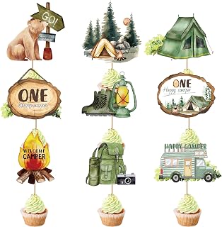 One Happy Camper Birthday Decorations - 36 Pcs Camper Cupcake Toppers Forest Woodland Party Supplies For Boys Girls Camping 1st Themed Decor