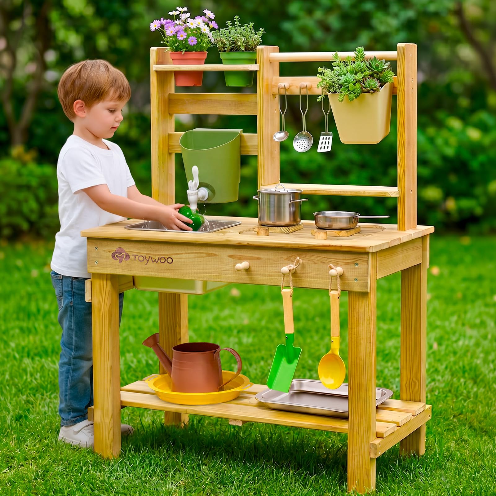TOYWOO Cuisine de boue pour enfants en extérieur, table à boue 3-en-1 avec réservoir d'eau et évier, cuisine de jardin en bois finlandais pour garçons et filles à partir de 3 ans