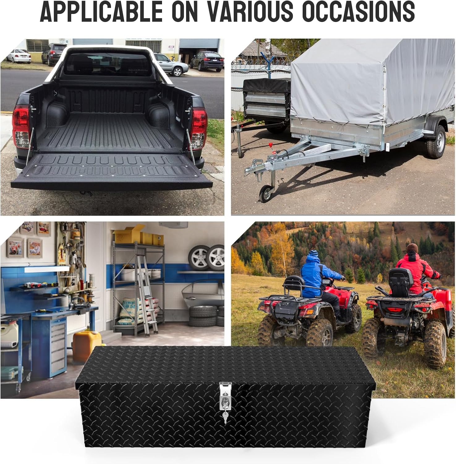TUFFIOM 39" Aluminum Truck Bed Tool Box, Heavy Duty Diamond Plate Trailer Tool Box with Side Handle & Lock Keys, Tool Storage Organizer Chest for Pick up,Truck Bed,ATV,RV Trailer