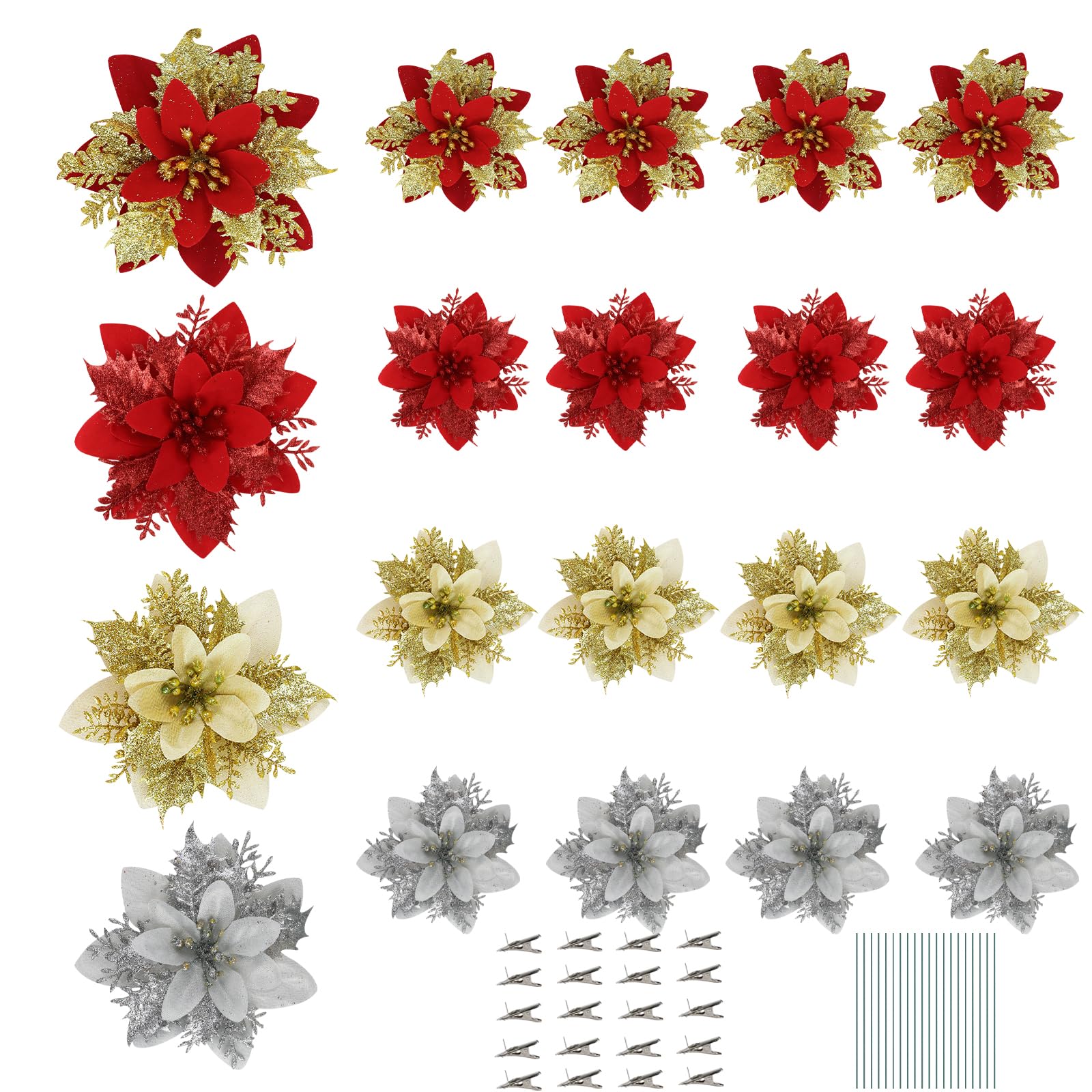 Andiker 20 pcs 13 cm/5 in Christmas Artificial Flowers, Glitter Christmas Tree Flowers with Clips and Wire, Decorations for Xmas Tree Garland Tables (20, Red/Sliver/Gold/Red Gold)