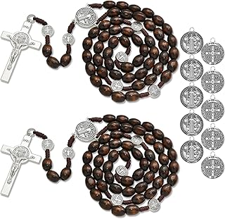 2 Pack Catholic Handmade Wooden Rosary Necklace with 10Pcs 0.9 x 0.79 Inch St Benedict Medals, Christian Prayer Holy Soil Medal Rosary Beads Necklace Cross Religion Amulet