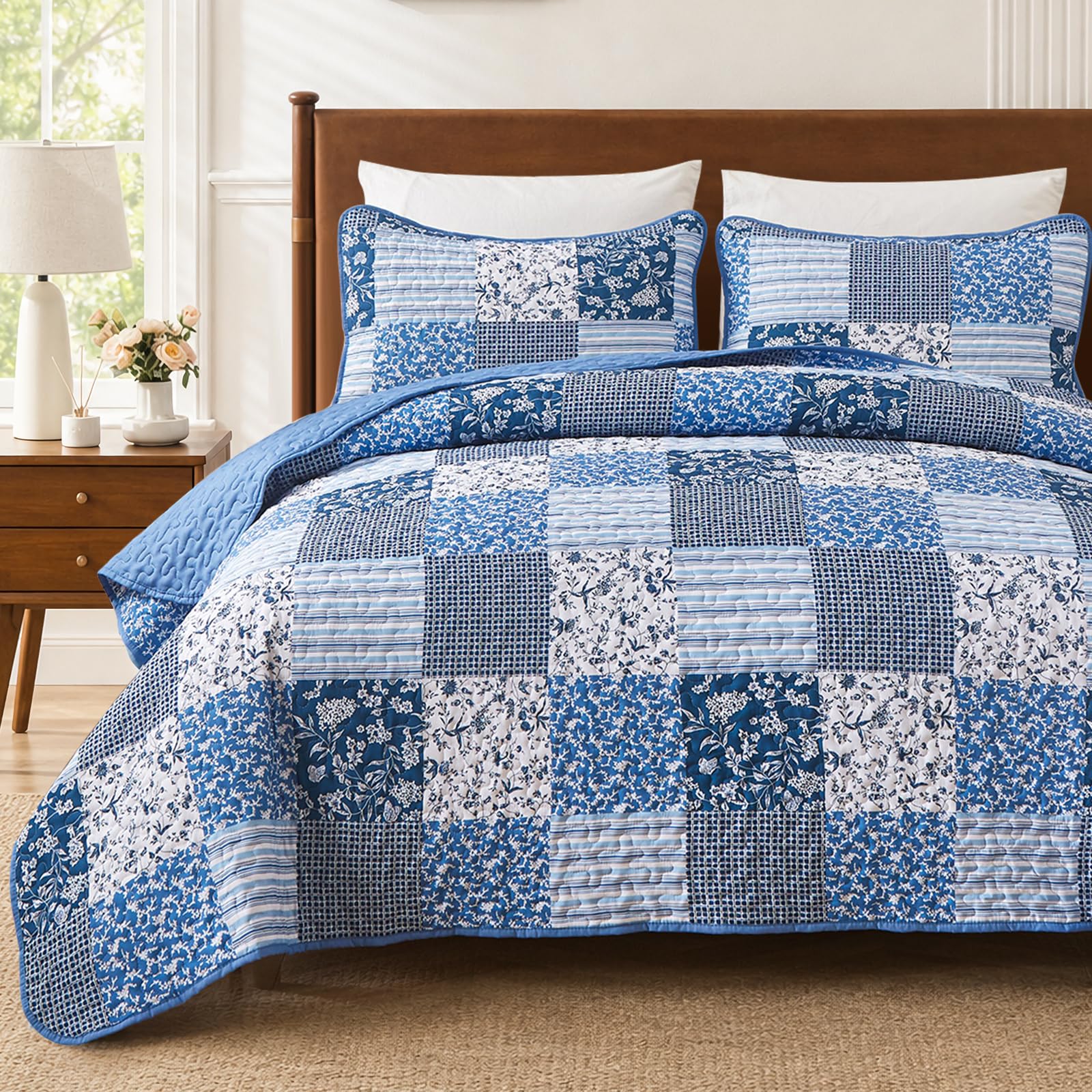 Mybedsoul King Size Quilt, Boho Patchwork Floral Bedding Set, Blue