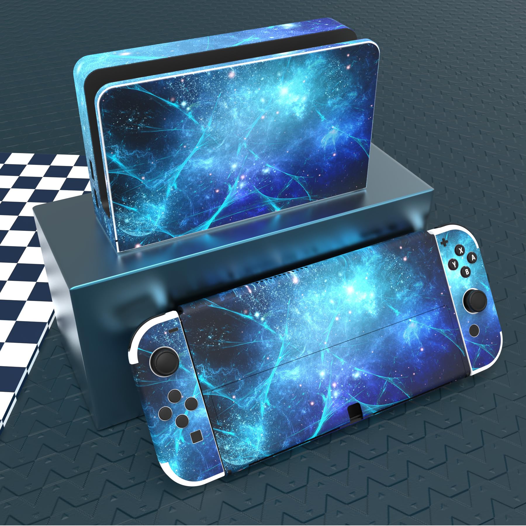 PlayVital Pegatina Protectora Completa para Nintendo Switch OLED - Calcomanías Decorativas para Joy-con y Consola, Skin Stickers Adhesivos (Azul Nebula) - 3
