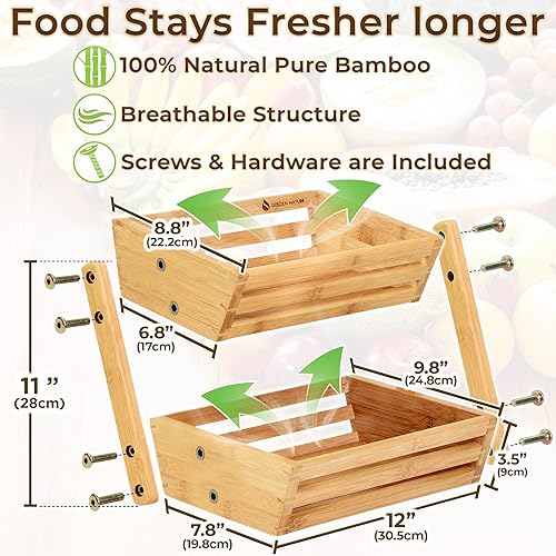 Miniatura 3 de Cesta de frutas – Organizador de almacenamiento de frutas y verduras de bambú de 2 niveles para encimera de cocina – Caja de regalo incluida –
