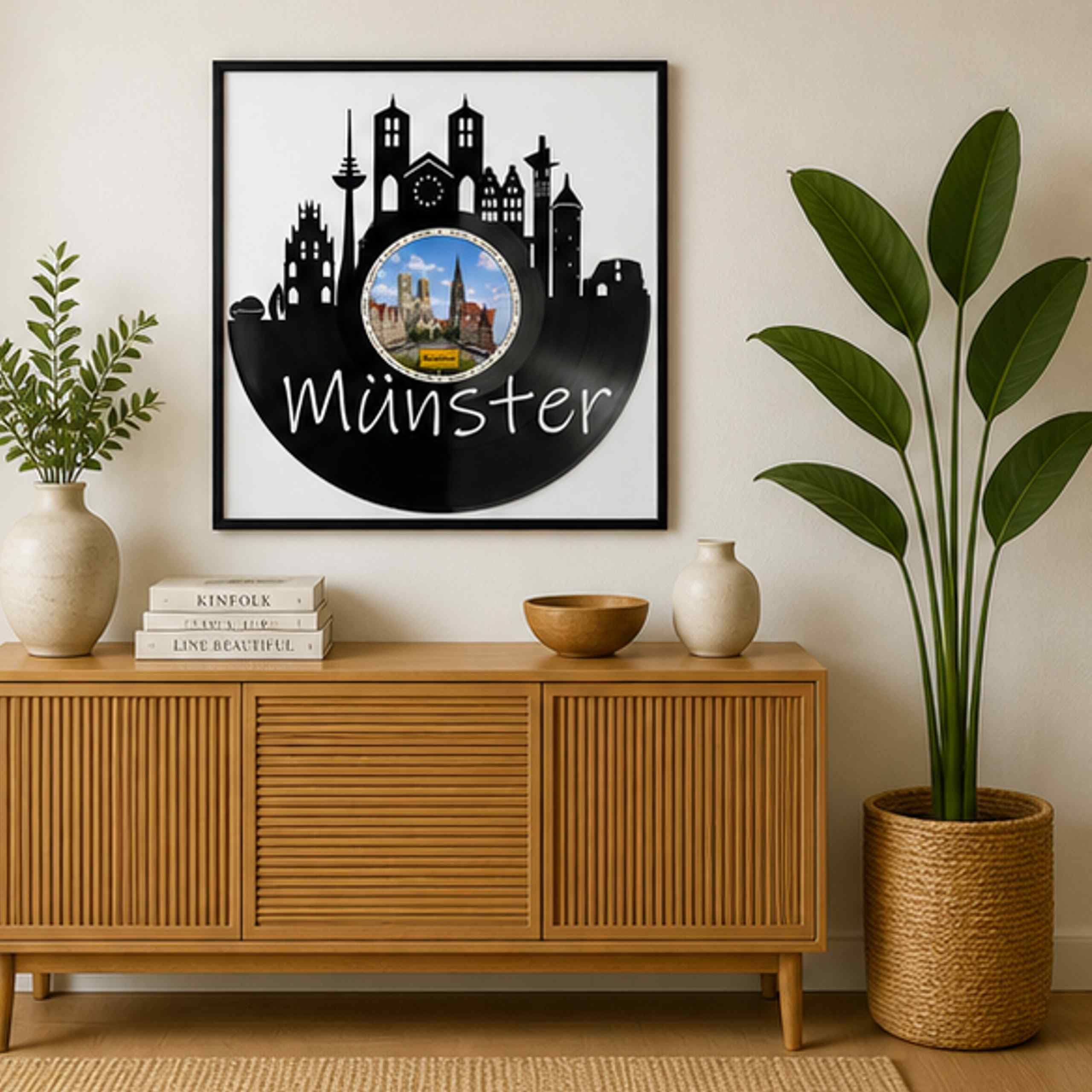 EVEVO Münster, decorazione da parete in vinile, con cornice, 32 x 32 cm, motivo: città di biciclette, regalo per gli amanti della Westfalia