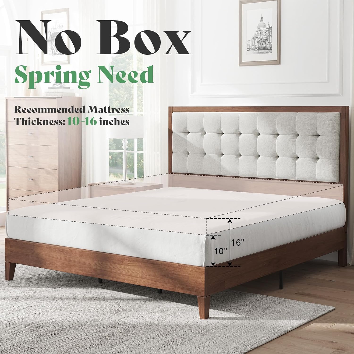 AMERLIFE King Size Bed Frame and Headboard, Solid Wooden Bed Frame King Size Platform Bed Frame Mid-Century Style, No Box Spring Required, Walnut | Noise-Free, Sturdy Frame, Easy Care, Back Support, Breathable Material