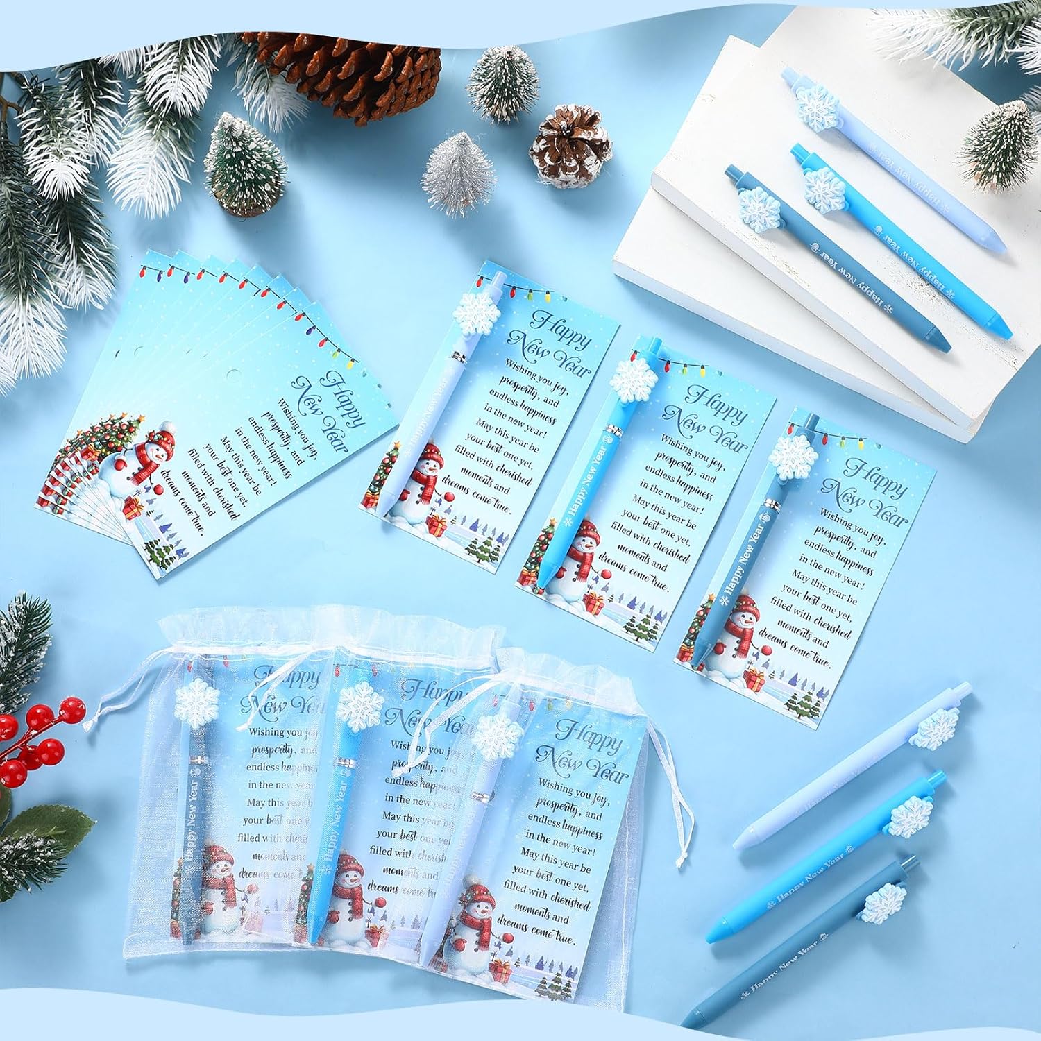 Marspark 30 Set Winter New Year Gifts Bulk Christmas Ballpoint Pens and Greeting Cards Set with Bag Twist Ties for Employee Coworker Teacher Student School Office Home Party Favor