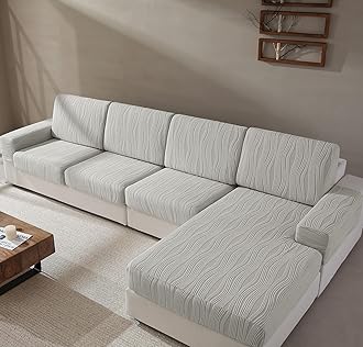 Couch Cushion Covers, Super Stretch Washable Sofa Slipcovers for L Shaped & Modular Seats, Pet-Friendly Furniture Protector with Stripe Design, (2 Seat Covers S+1 Chaise, Light Gray)