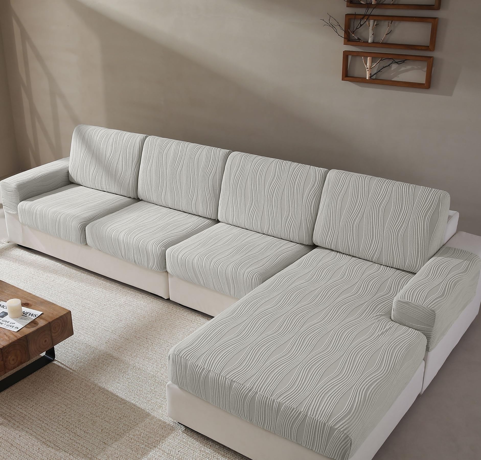 Couch Cushion Covers, Super Stretch Washable Sofa Slipcovers for L Shaped & Modular Seats, Pet-Friendly Furniture Protector with Stripe Design, (2 Seat Covers S+1 Chaise, Light Gray)