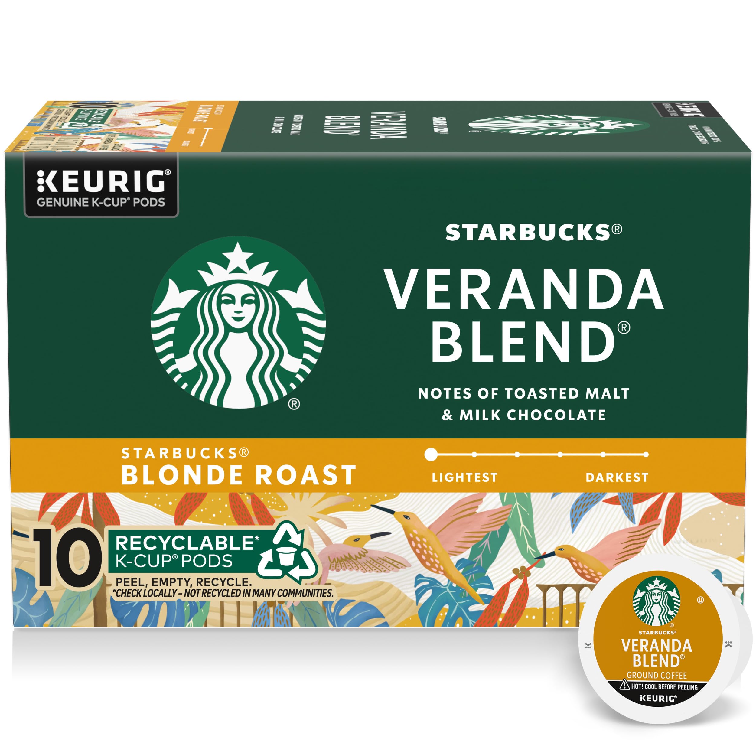 Starbucks K-Cup Coffee Pods, Starbucks Blonde Roast Hot or Iced Coffee, Veranda Blend, 10 Keurig Pods