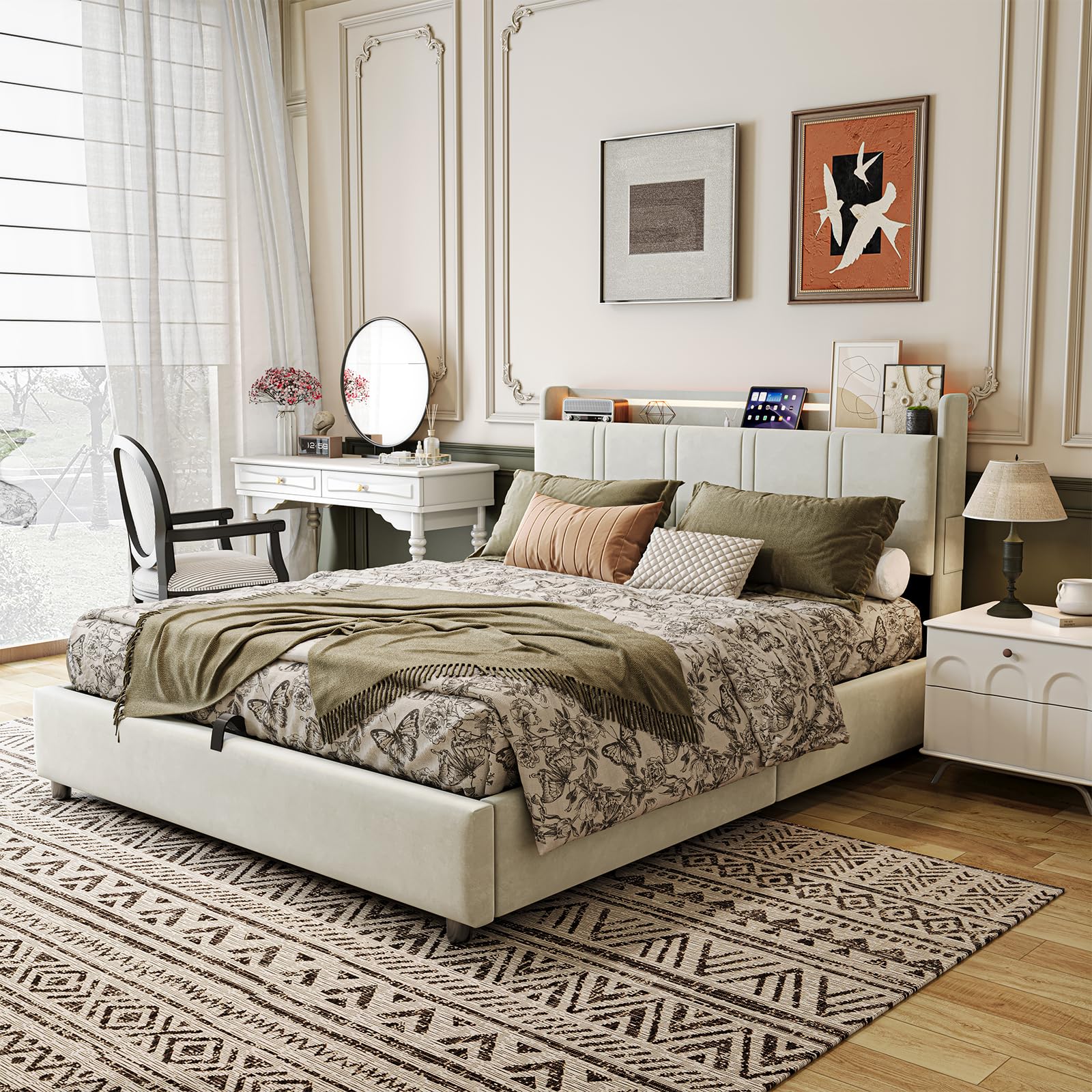 Camas Matrimoniales 160x200 con Almacenaje, Tira LED y USB C, Cama Canape Hidráulico con Alfombra Antipolvo y Cabecero Almacenaje Multifuncional,Cama Tapizada en Terciopelo,Somier Madera 500kg,Beige