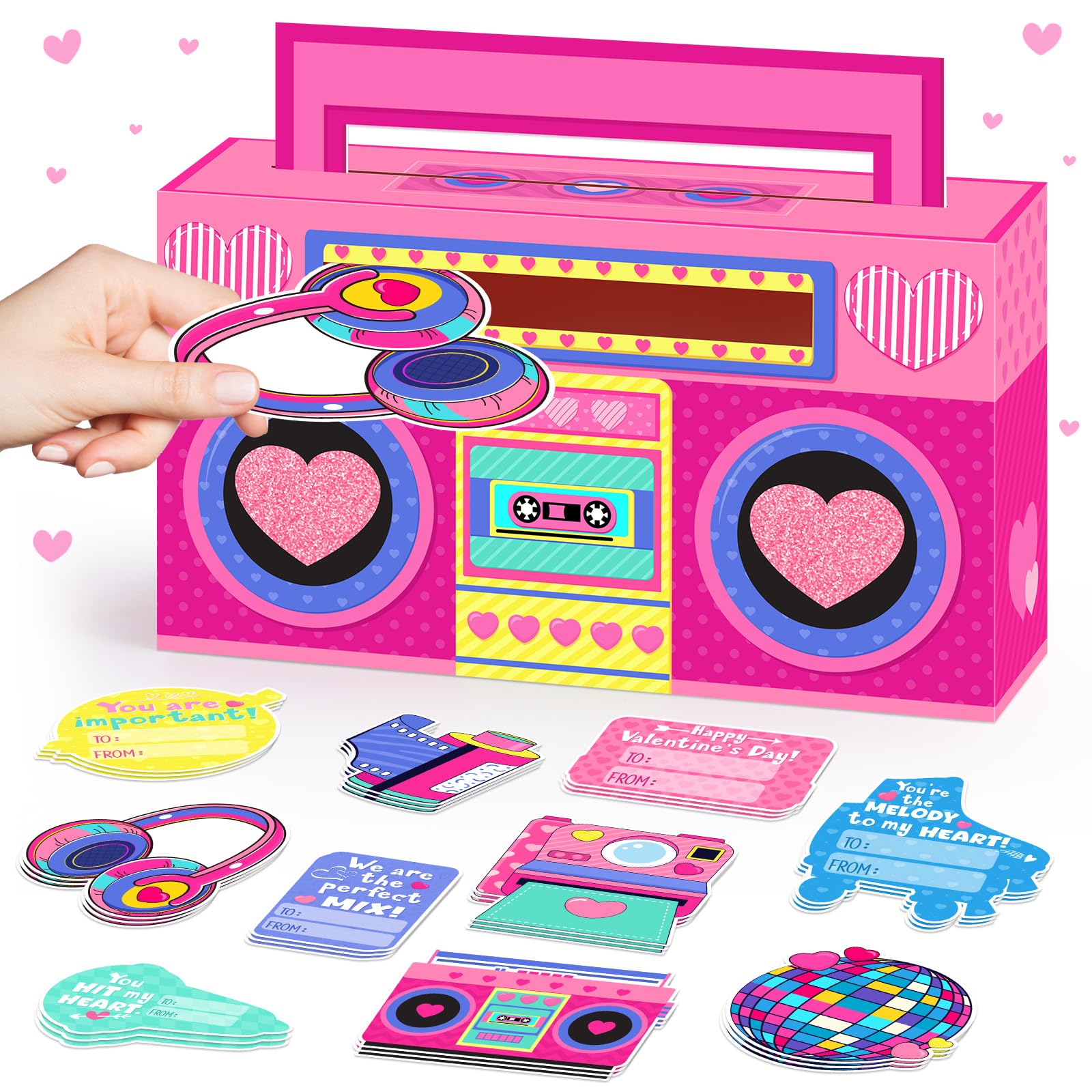 Amyhill Valentines Day Mailbox with 30 Pcs Radio Cards DIY Pink Radio Crafts Valentines Day Boxes for Kids School Classroom Boys Girls Gifts Activity Box Greeting Exchange Party Favor Sets
