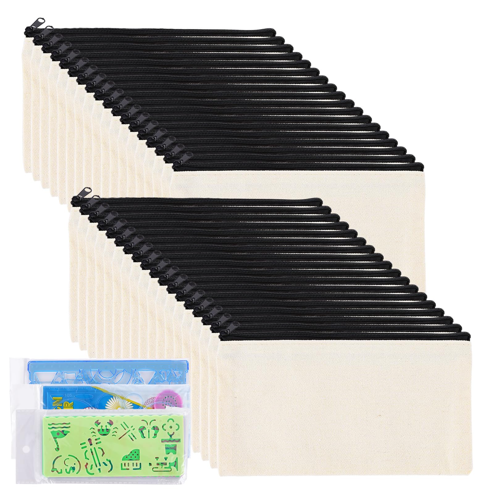 WOPPLXY 30PCS Blank Canvas Pencil Case, Fabric Pencil Case with Zipper, Canvas Zipper Pouch with for Painting, DIY, Makeup Cosmetic, School and Office - with doodle templates set of 6
