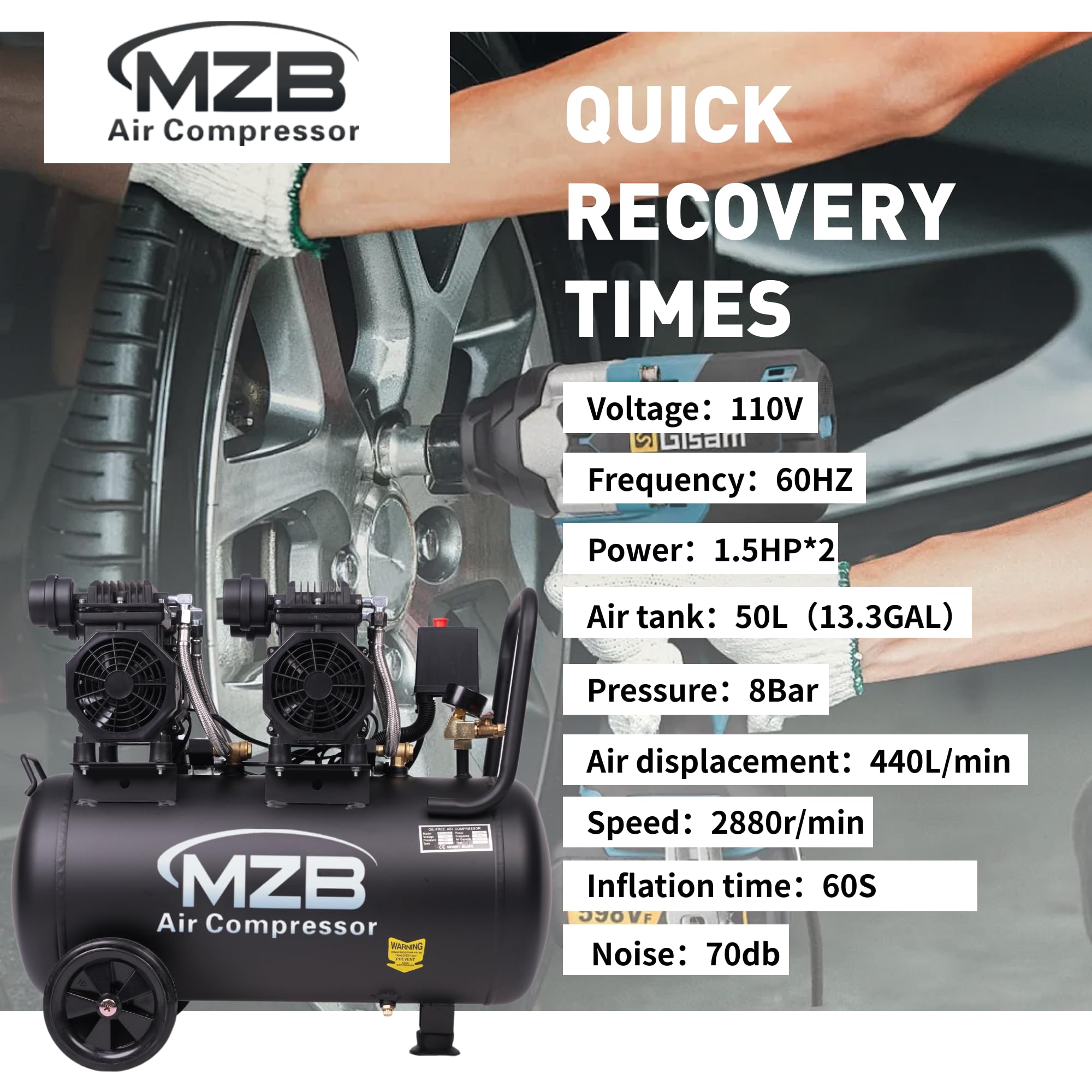 MZB - Compresor de aire ultra silencioso de 13 galones, tanques de acero de 115 PSI, nivel de ruido, compresor de aire sin aceite