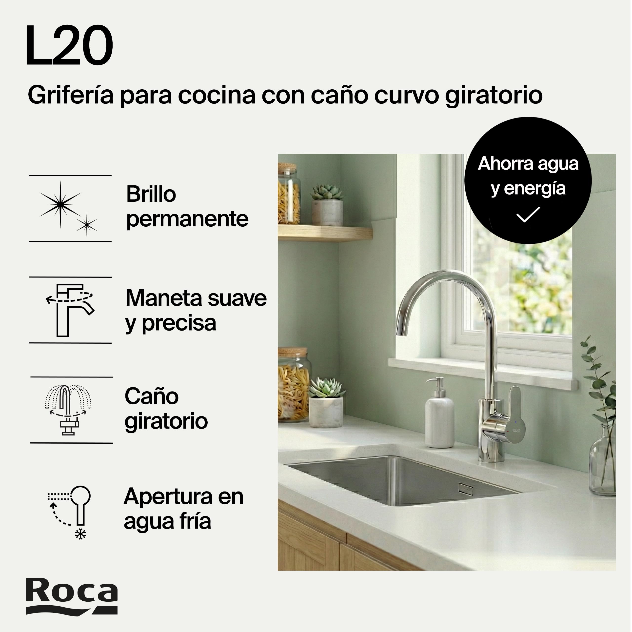 Roca,L20,Grifería monomando para cocina con caño giratorio, Cold Start,A5A8409C00