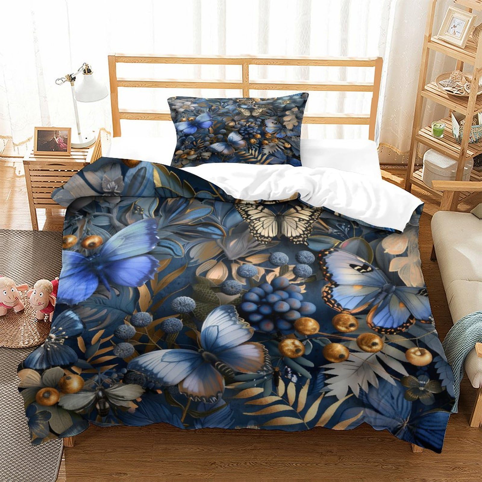 P1S9U7W5Y Elegant Blue Gold Butterfly Print 3D Printed Microfiber Duvet Cover Set 3 Pieces Bedroom Decor Floral Bedding Set for Adults Teens Single（135x200cm）