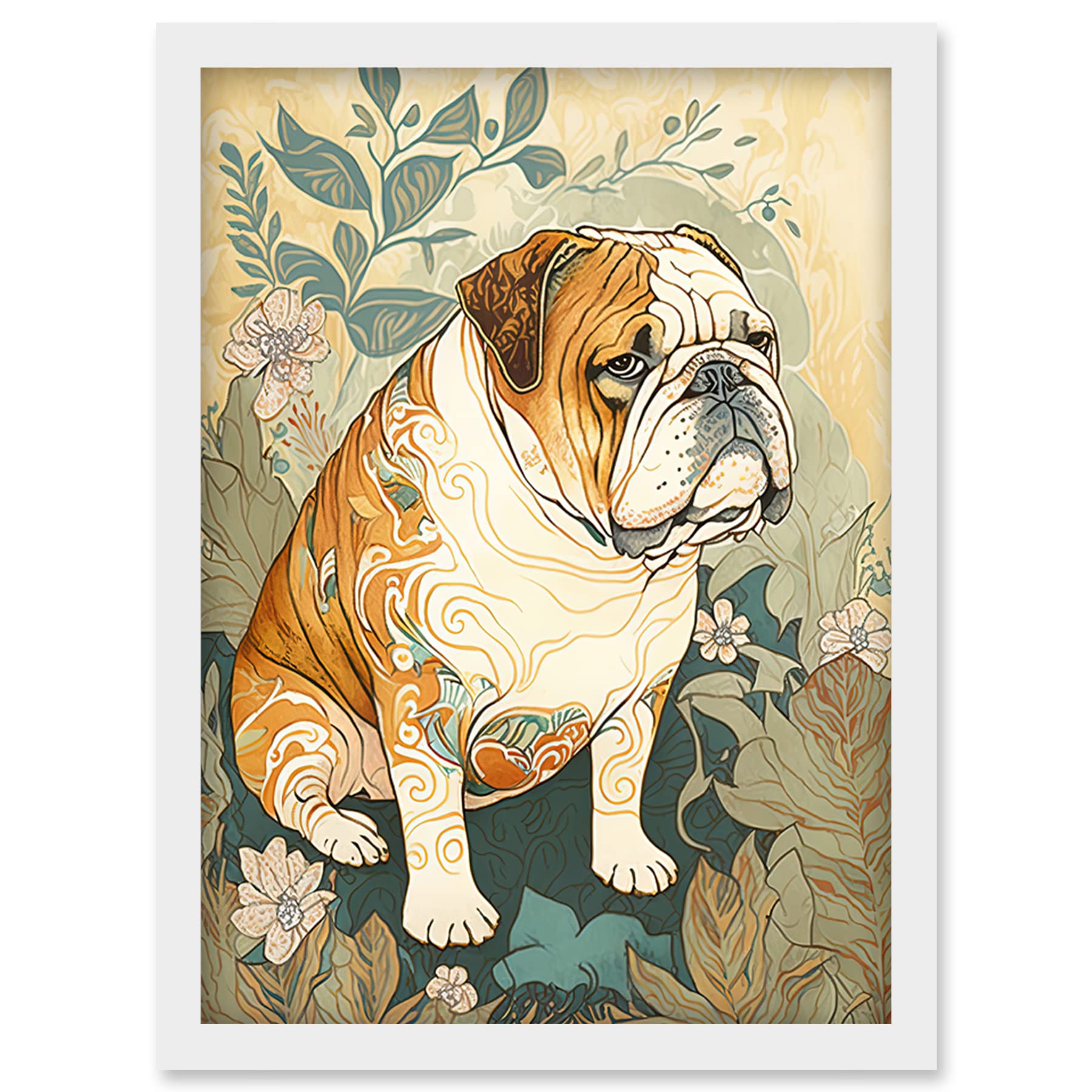 Artery8 Bulldog with Ornate Pattern Fur Coat in Flower Field Modern Watercolour Illustration Artwork Framed Wall Art Print A4