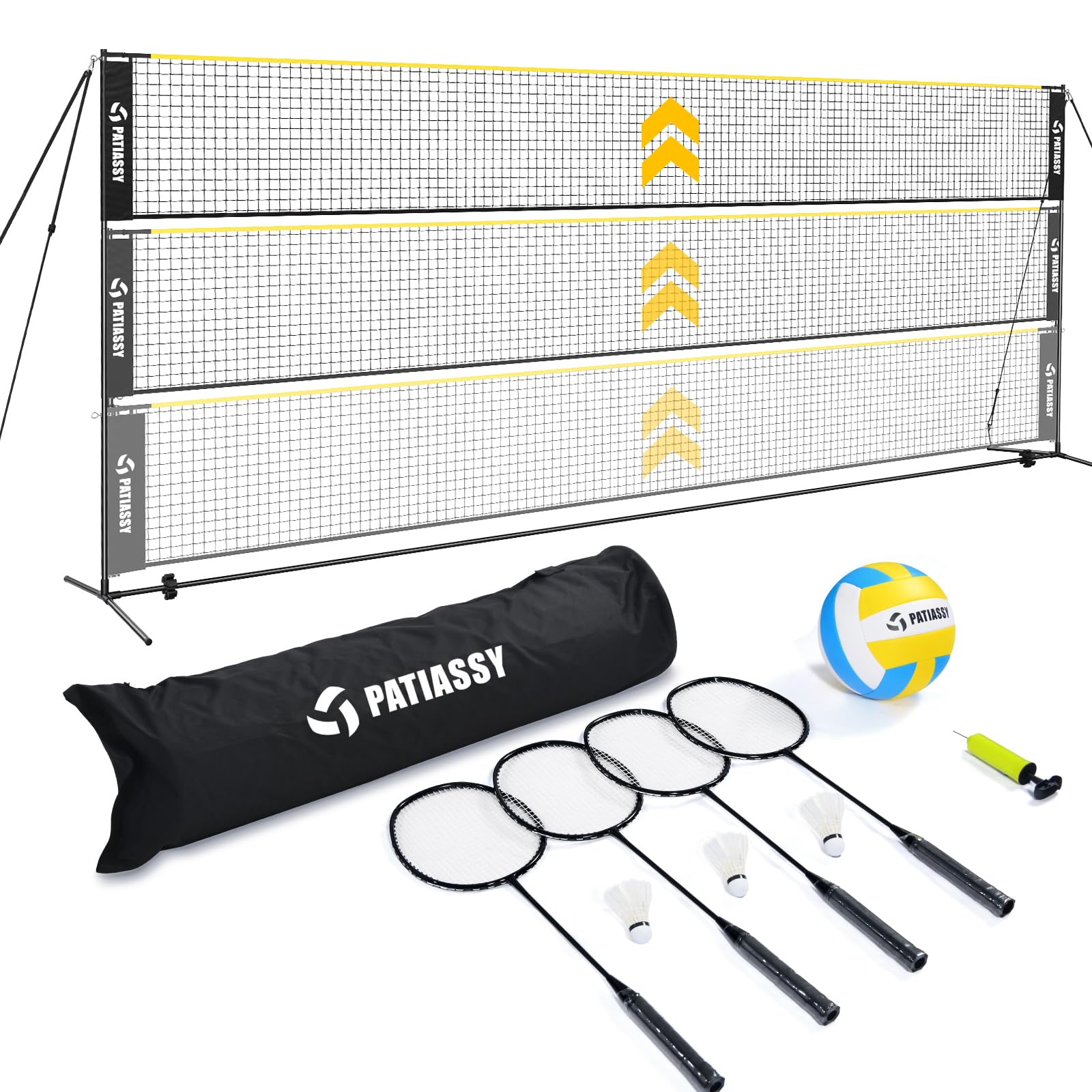 Patiassy 17ft Portable Volleyball Badminton Net Set - Indoor Outdoor Adjustable Height Sports Net with Poles, 4 Badminton Rackets, 3 Shuttlecocks and 1 Volleyball for Backyards Beach Garden — image 1