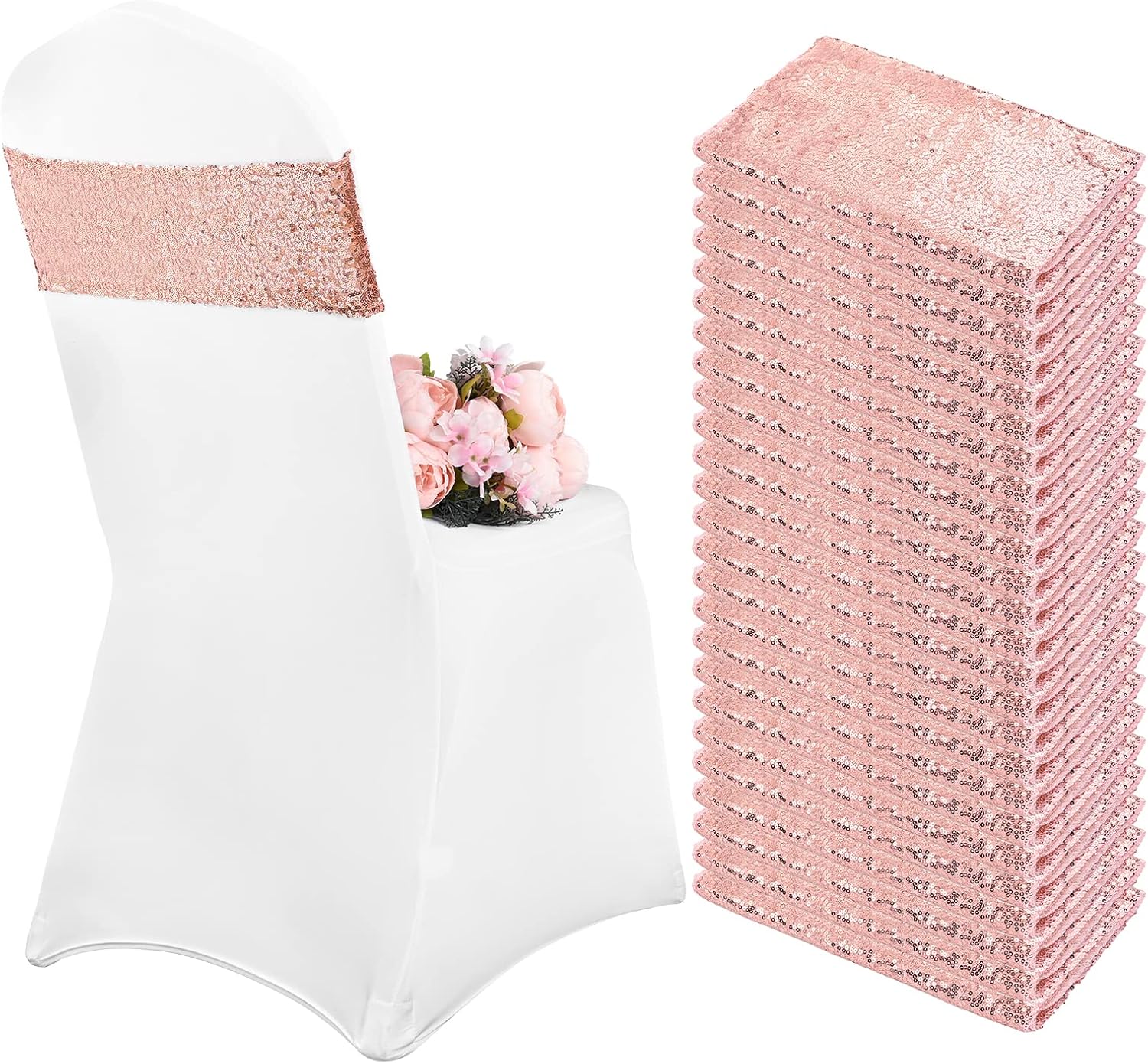60Pcs Stretch Sequin Chair Sashes Rose Gold Chair Bands One