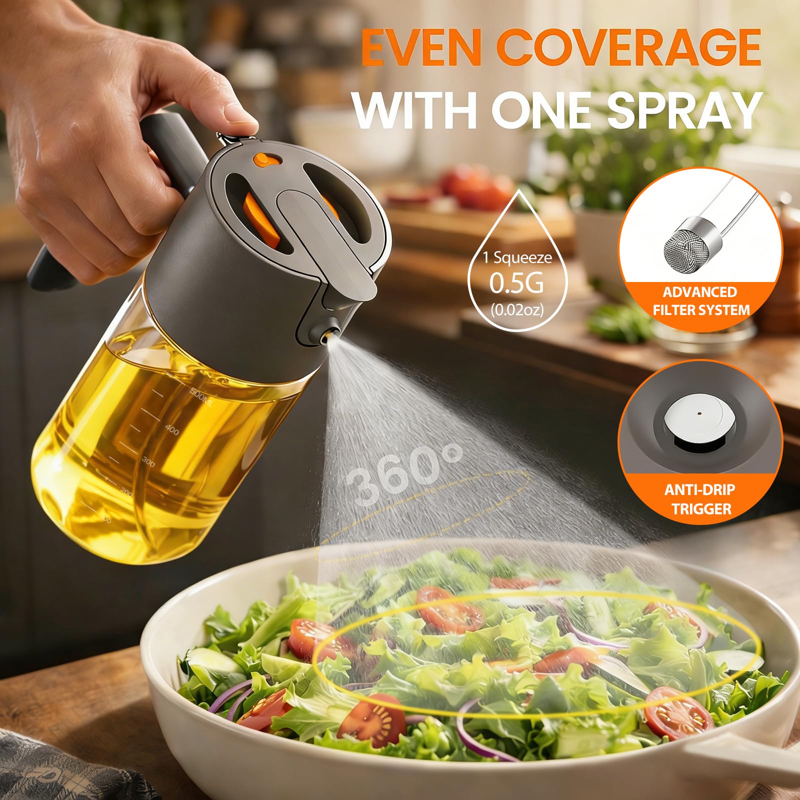 Costop Pulverizador profesional de aceite de vidrio de 500 ml, herramienta de cocina 3 en 1: niebla fina, flujo y vertido, diseño a prueba de fugas para freidora de aire, barbacoa y cocina, sin BPA