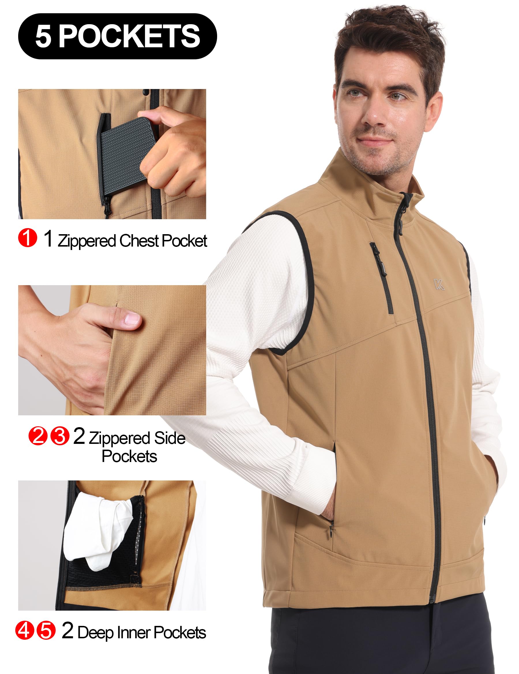 KUTOOK Gilet Uomo Invernale Antivento Fodera di Pile Gilet Trekking Uomo Smanicato in Softshell Impermeabile per Ciclismo Trekking Viaggi Corsa Golf e Vita Quotidiana