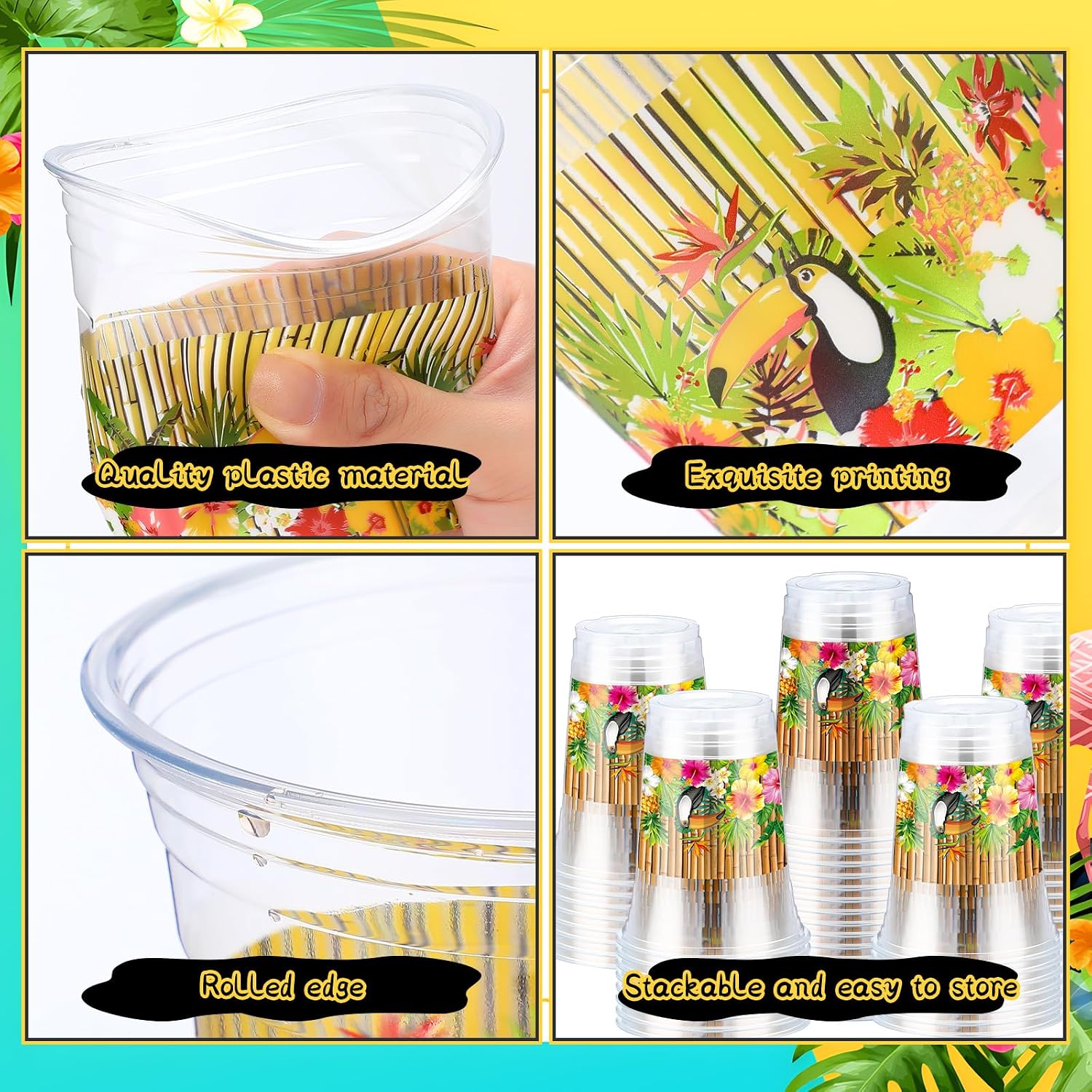 Blulu 60 Pcs Hawaiian Luau Party Plastic Cups Bulk 16 oz Tropical Disposable Cups Summer Tropical Plastic Hot Cold Drinks Decoration for Summer Hawaiian Luau Tiki Birthday Party Supplies