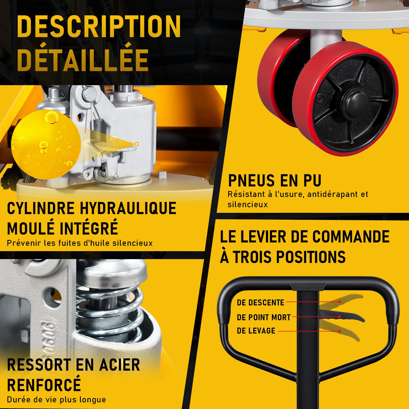 Transpalette Manuel 2500 kg, Fourches 800 × 550 mm | Idéal pour Espaces Restreints, Roues PU Tandem, Levage 85-200 mm, Déplacement Fluide