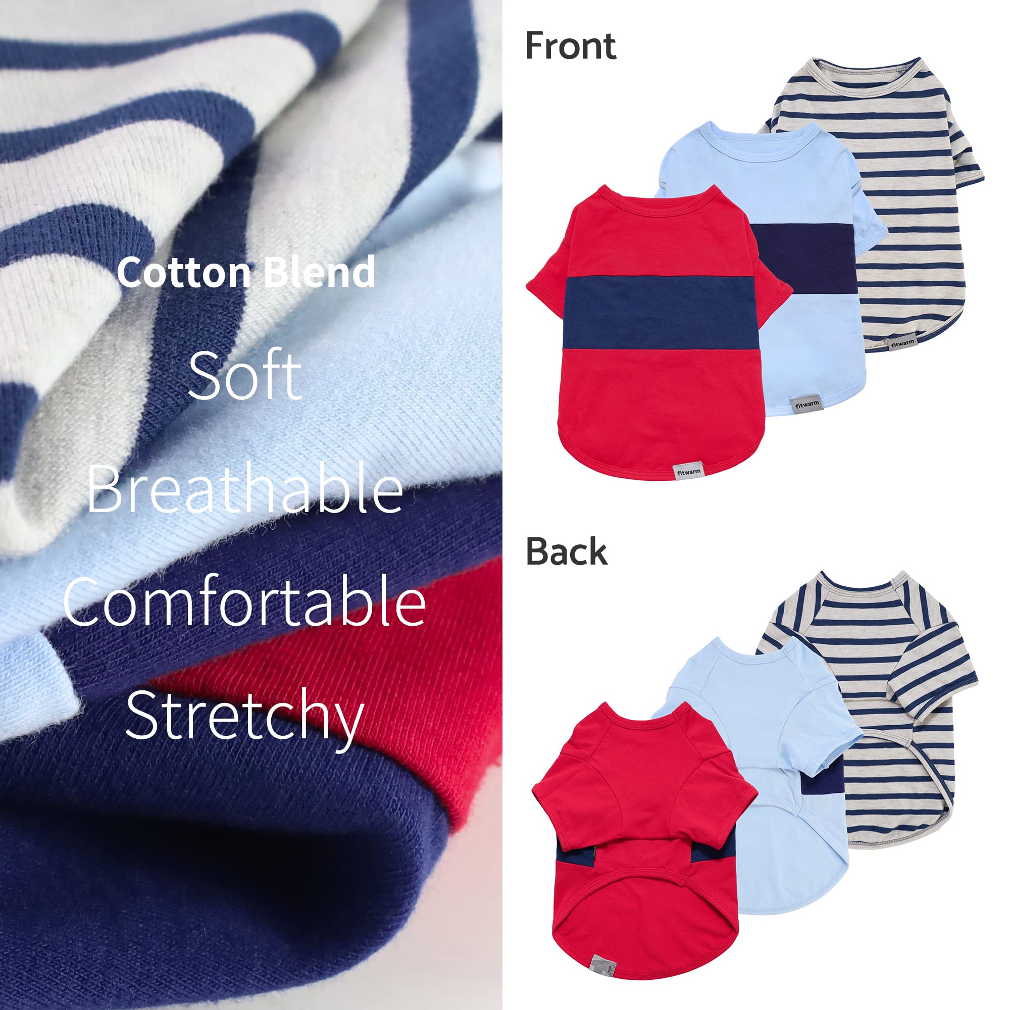 Fitwarm Paquete de 3 camisas de perro a rayas con bloques de color, ropa de verano para perros pequeños, camiseta transpirable y ligera para mascotas con mangas, traje de gato, rojo, azul, gris, XXL