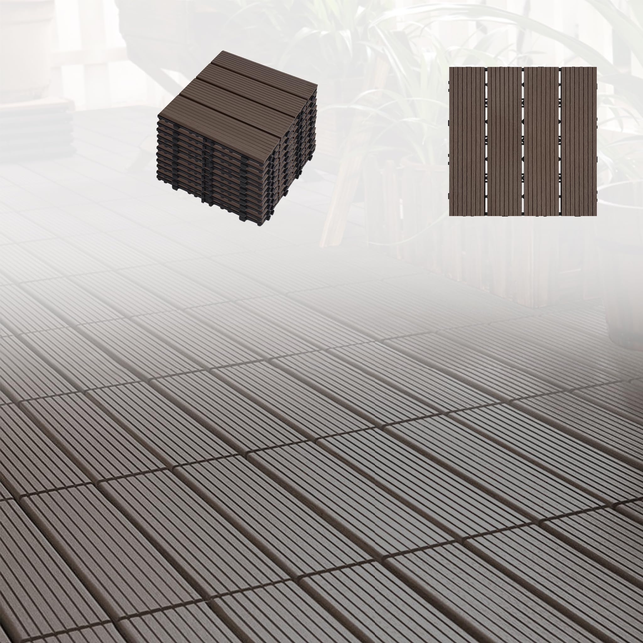 HENGMEI WPC Decking Boards–Composite Wood Plastic Garden Decking Tiles Weatherproof, Anti-Slip Low Maintenance Patio Flooring for Garden, Balcony & Backyard | (1 sqm | 11 Boards, Light Coffee)