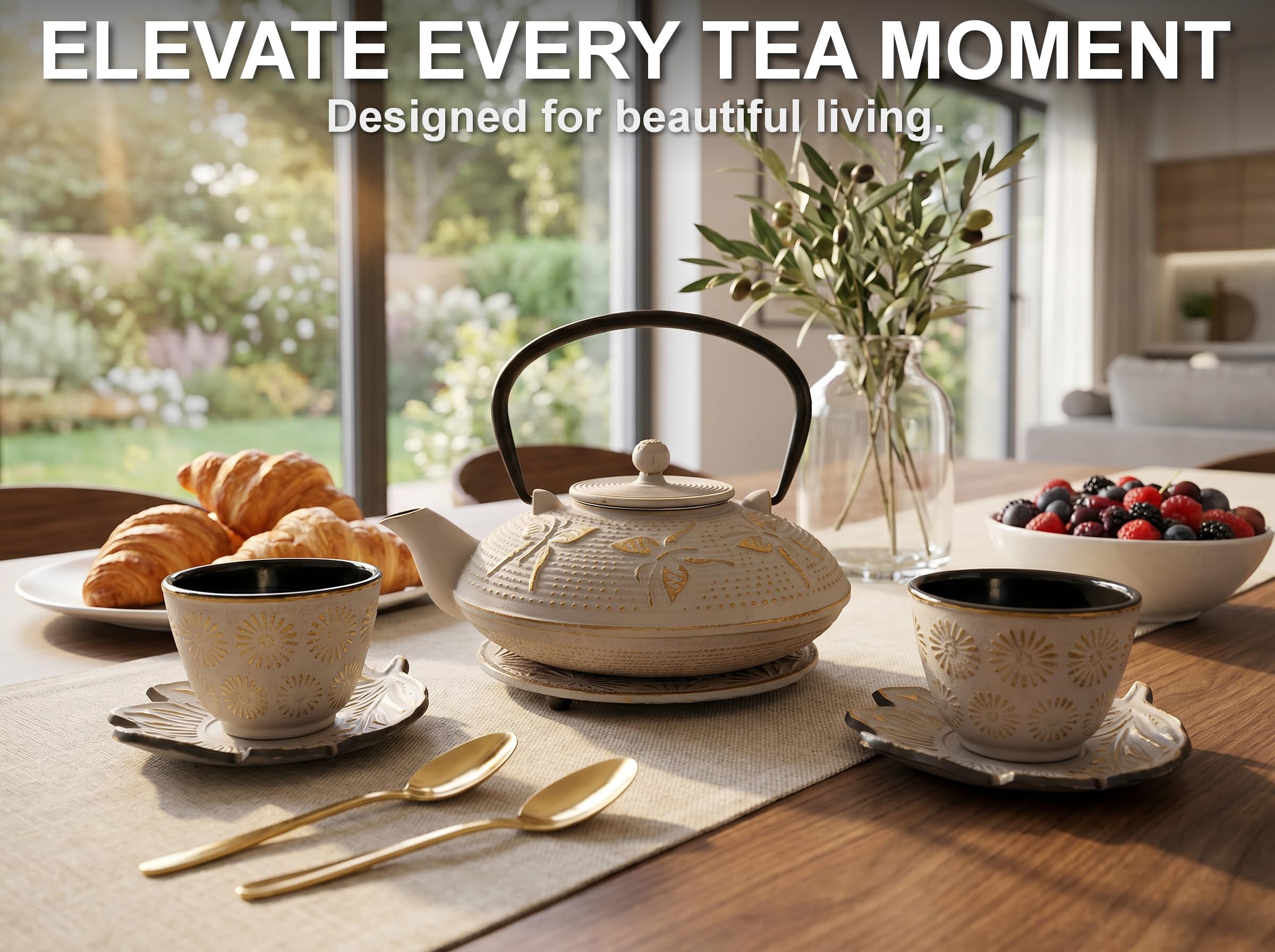 Juego de té japonés de 7 piezas "Sand Color" de hierro fundido con 2 tazas de té, 2 platillos, infusor de té de hojas sueltas y trivet. Accesorios ceremoniales Matcha