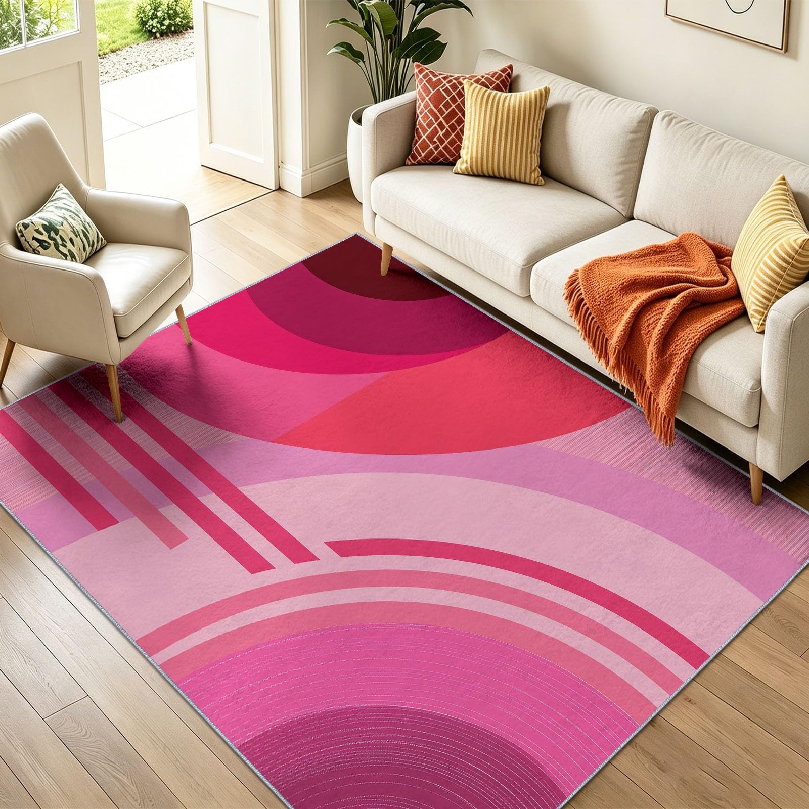 Générique Tapis Lavable Machine Salon 160 x 230 cm Antidérapant Sol Style Abstrait Poil Bas Doux Vagues Roses Blocs De Couleur Dégradé Motif Chambre Cuisine Entrée Salle Détente Dessous Lit Dortoir
