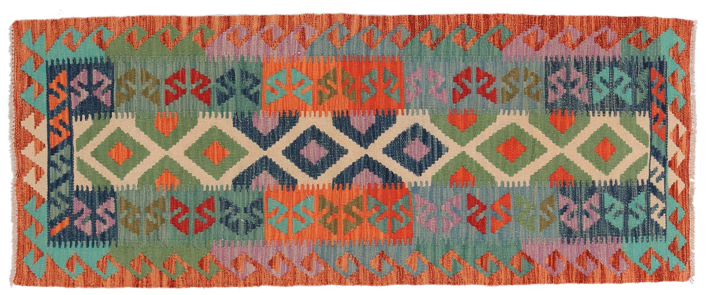 Kelim afghan tapis de sol multicolore géométrique 70x200 cm tissé main en laine