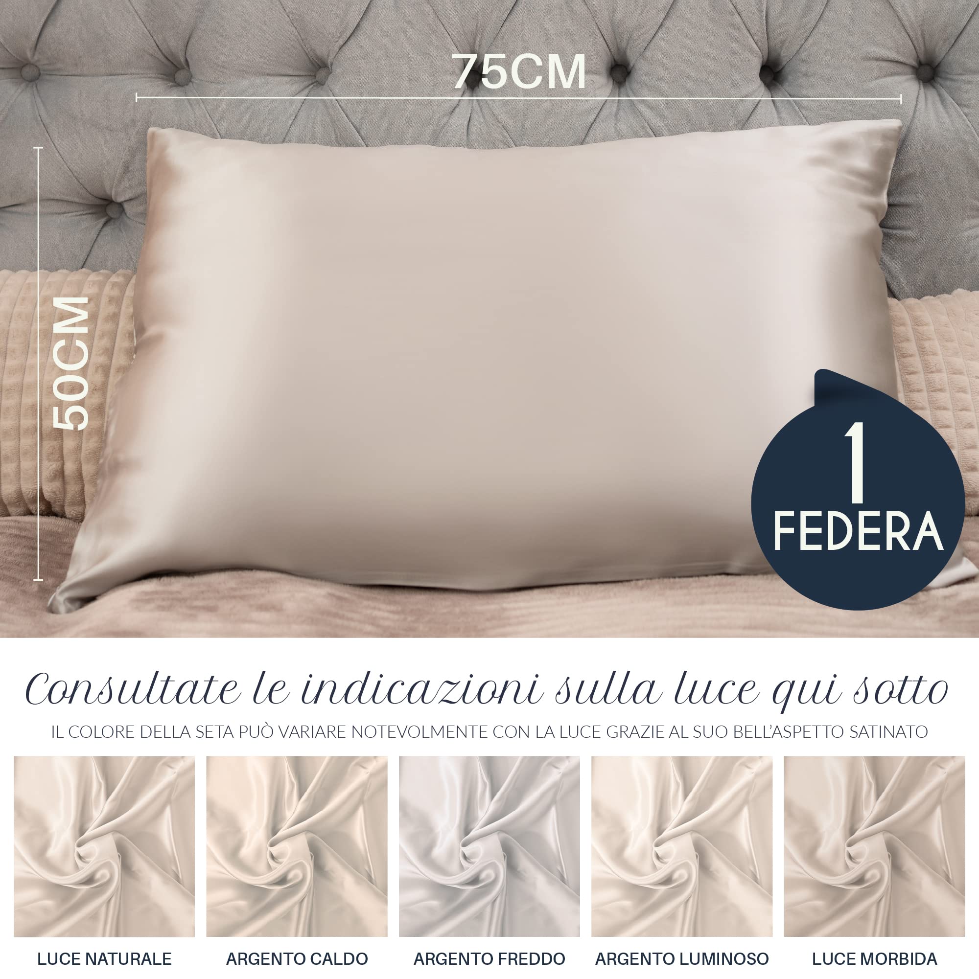Federa Seta Cuscino 50x75 Dreamzie - 100% Seta Naturale di Gelso 19 Momme - Federe Seta Antiacaro e Ipoallergenico - Gris Argenté