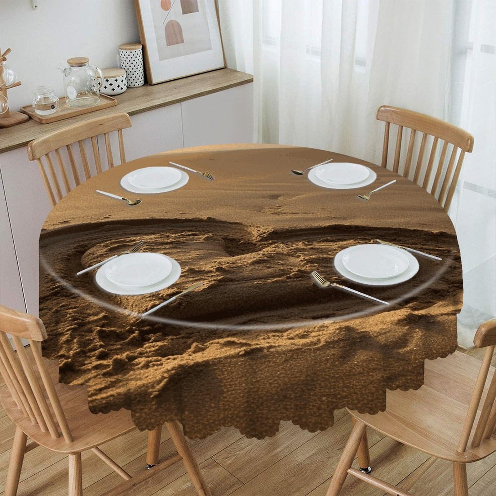 Btcowzrv Style Hearts Drawn On The Beach Polyester Round Tablecloth 59.84 Inch, Decorative Washable Table Cover, Table Cloth For Restaurant Picnic Indoor And Outdoor Dining