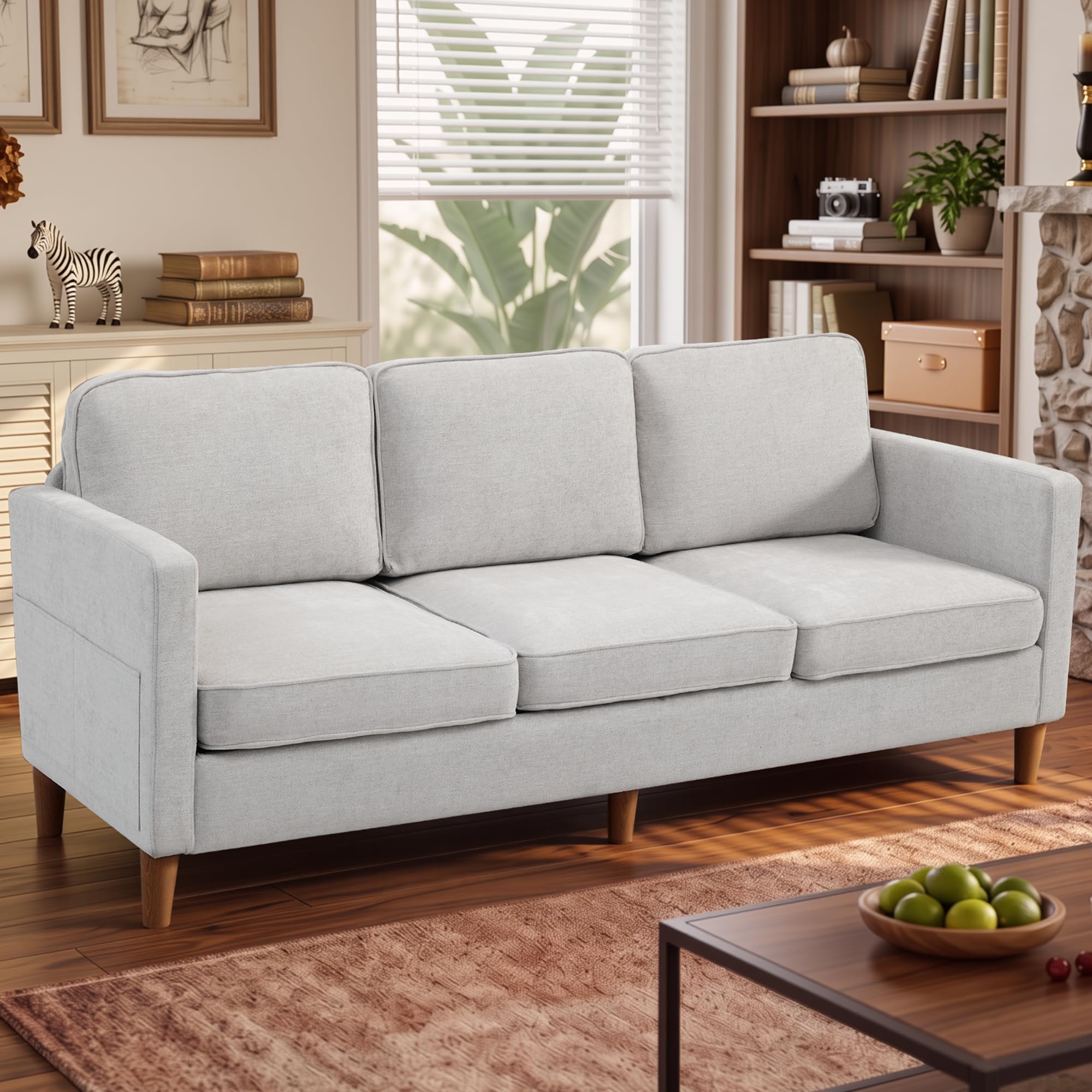 Kingfun light gray chenille mid century modern 3 seater sofa