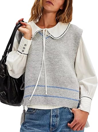 Bozanly Sweater Vest for Women Casual Loose V Neck Sleeveless Side Tie Ribbed Knit Tank Top