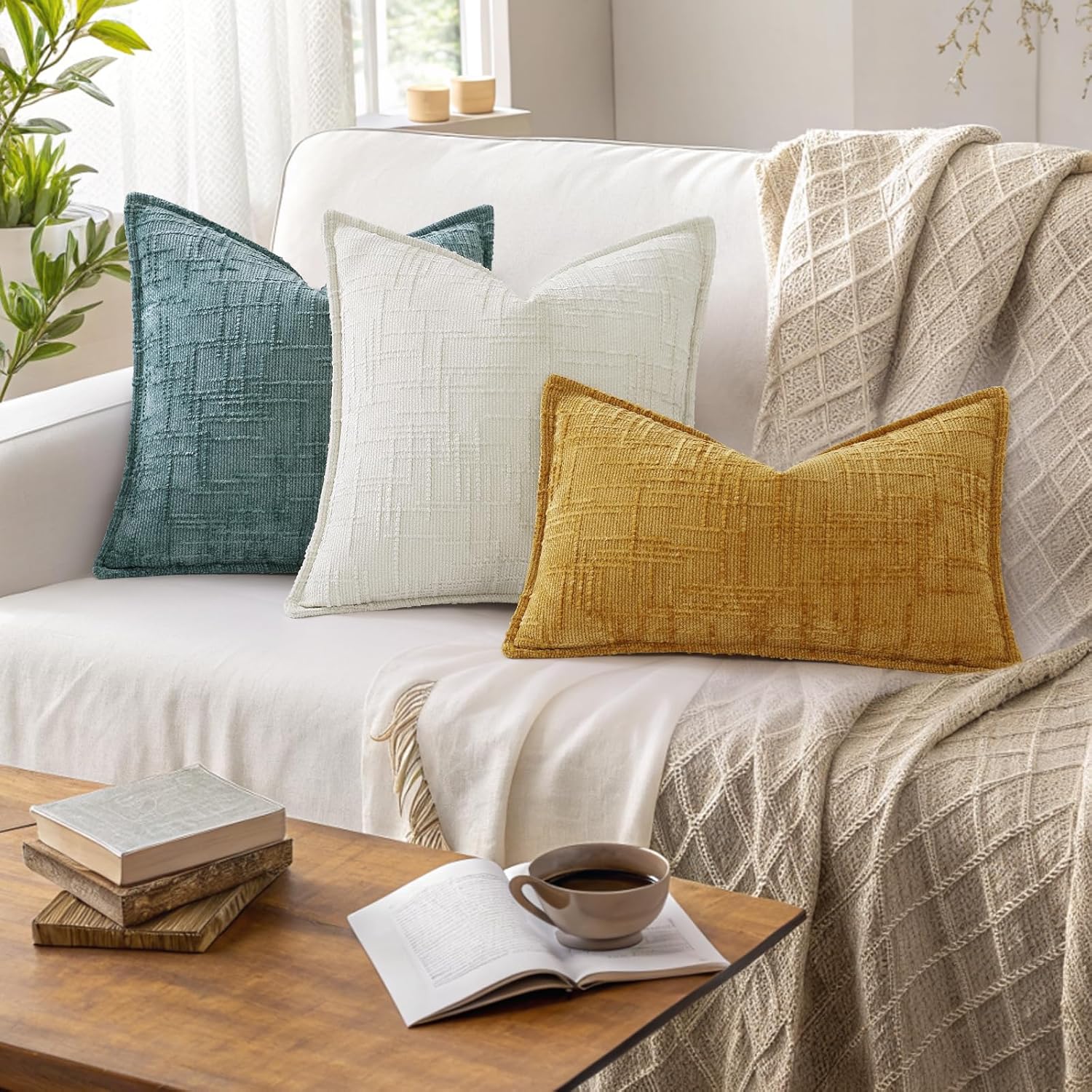 decorUhome Chenille Throw Pillow Covers 12x20 Set of 2, Thick Textured Slubby Neutral Decorative Pillow Covers with Elegant Design for Couch, Sofa, Living Room, Mustard Yellow - Image 5