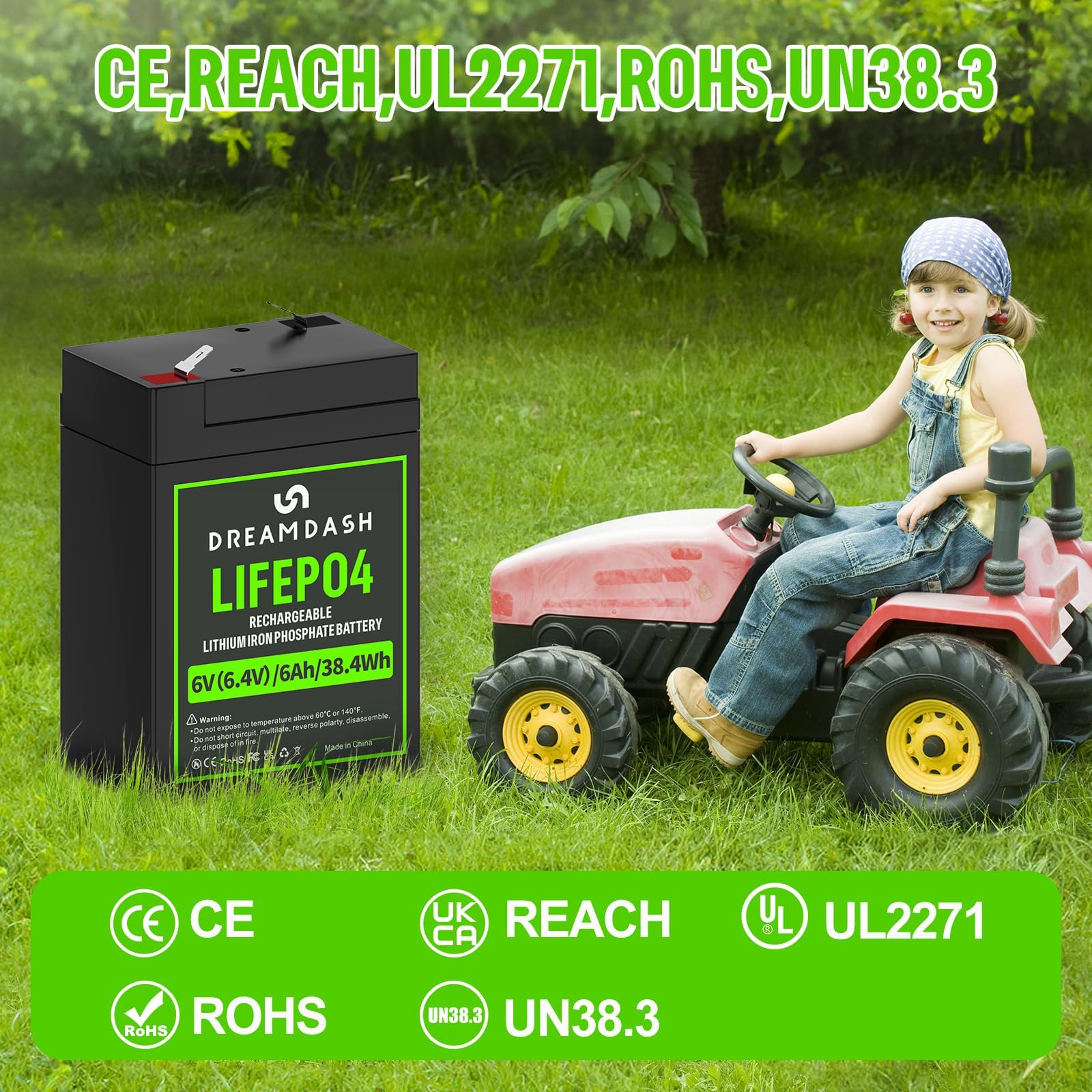 Batería de litio recargable de 6V 6Ah LiFePO4, 3000+ Ciclos Profundos, funciona de -20 ℃ a 60 ℃, IP55 para Casa, Coches de Juguete para Niños, Lanchas a Motor, Camper