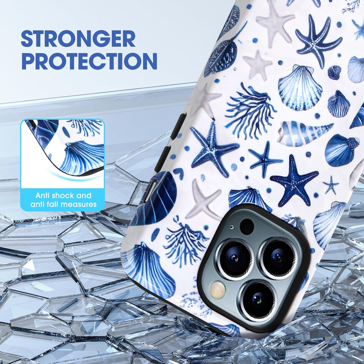 Summer Coastal Seashell Pattern for iPhone 16 Pro Case, [Compatible with Magsafe], Shockproof Protection, Blue and White Design (for iPhone 16 Pro) - Image 2