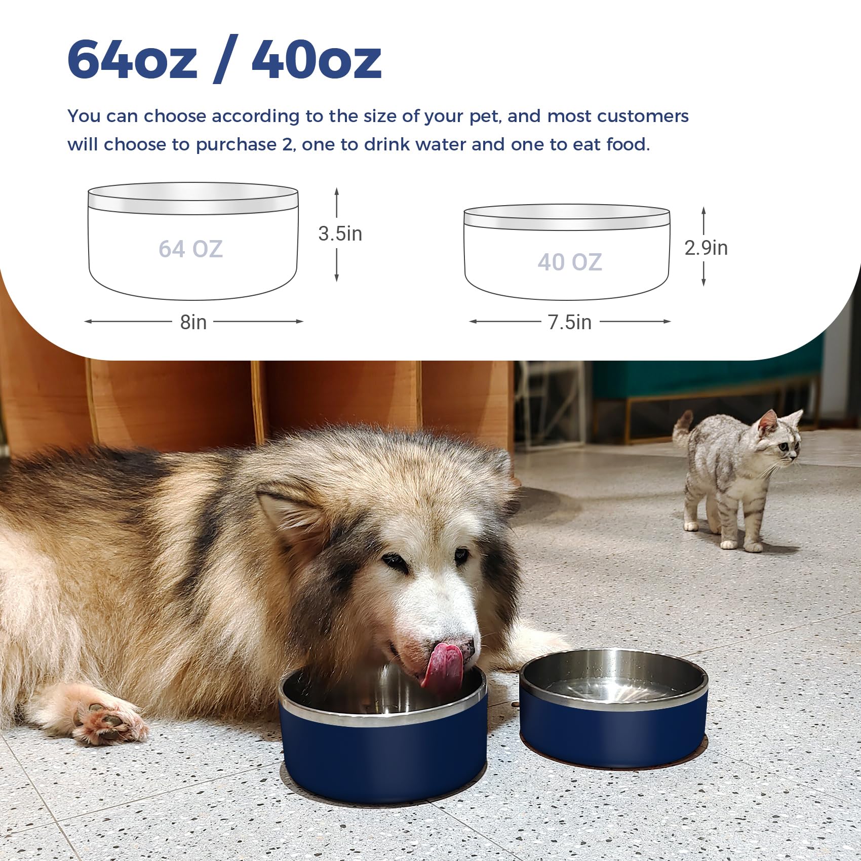 WENBOKMIN Dog Bowl, Stainless Steel Dog Food and Water Bowl with Non Slip Quiet Bottom, Easy to Clean, Dishwasher Safe, 40oz, Blue