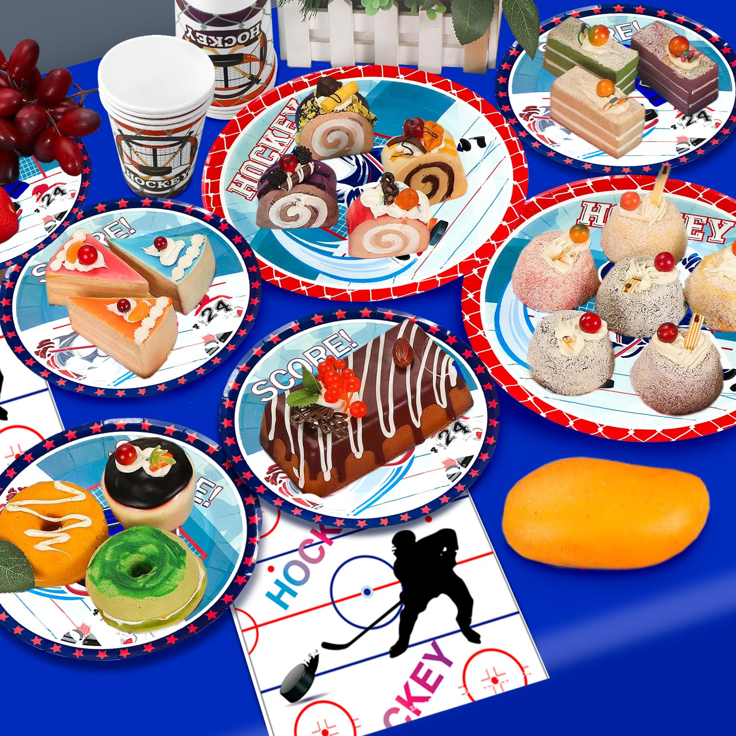 Decorazioni per Feste di Hockey su Ghiaccio,108 Pezzi Forniture per Feste di Compleanno di Hockey Striscioni Piatti Tazze Tovaglioli etc Accessori per Feste di Hockey