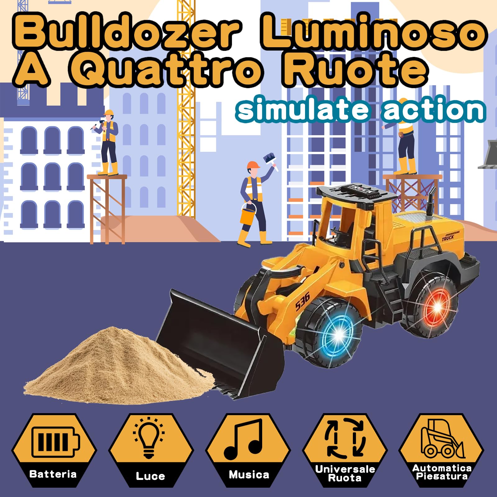 Bulldozer Jouet, marche automatique avec son et lumière véhicules de chantier, camion de chantier Bulldozer, jouet de sable minière, avec lumières et musique multiples, pour enfants de 3 à 7