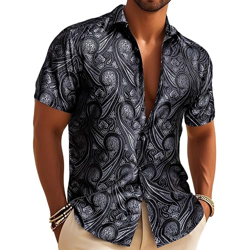 Barry.Wang Men's Silk Shirts Short Sleeve Western Designer Button Down Paisley Shirt Casual Beach Summer Party Mexico