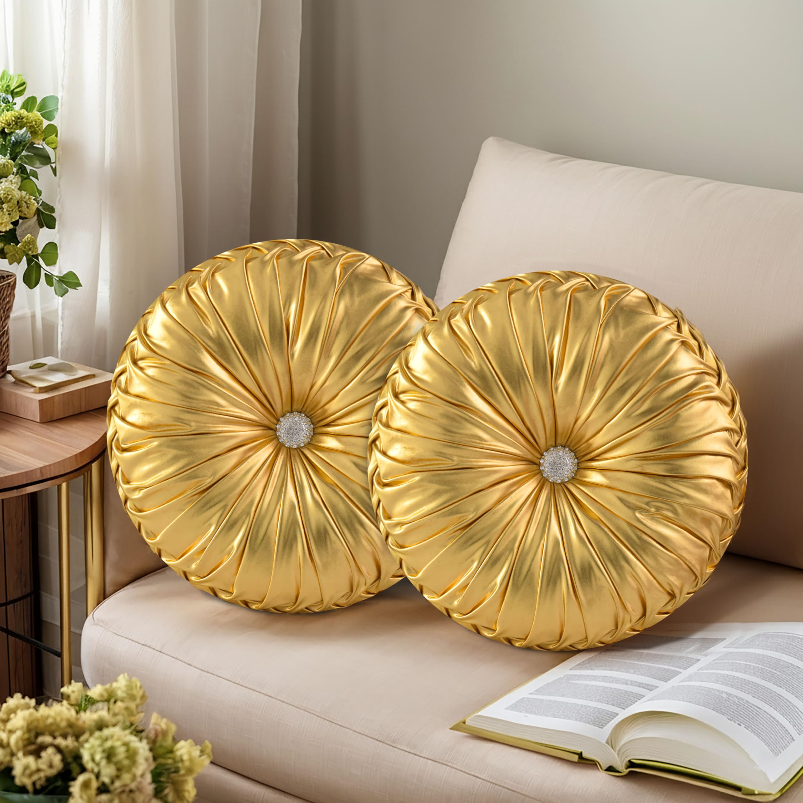 HIG Set of 2 Gold Metallic Leather Decorative Round Pleated Throw Pillows