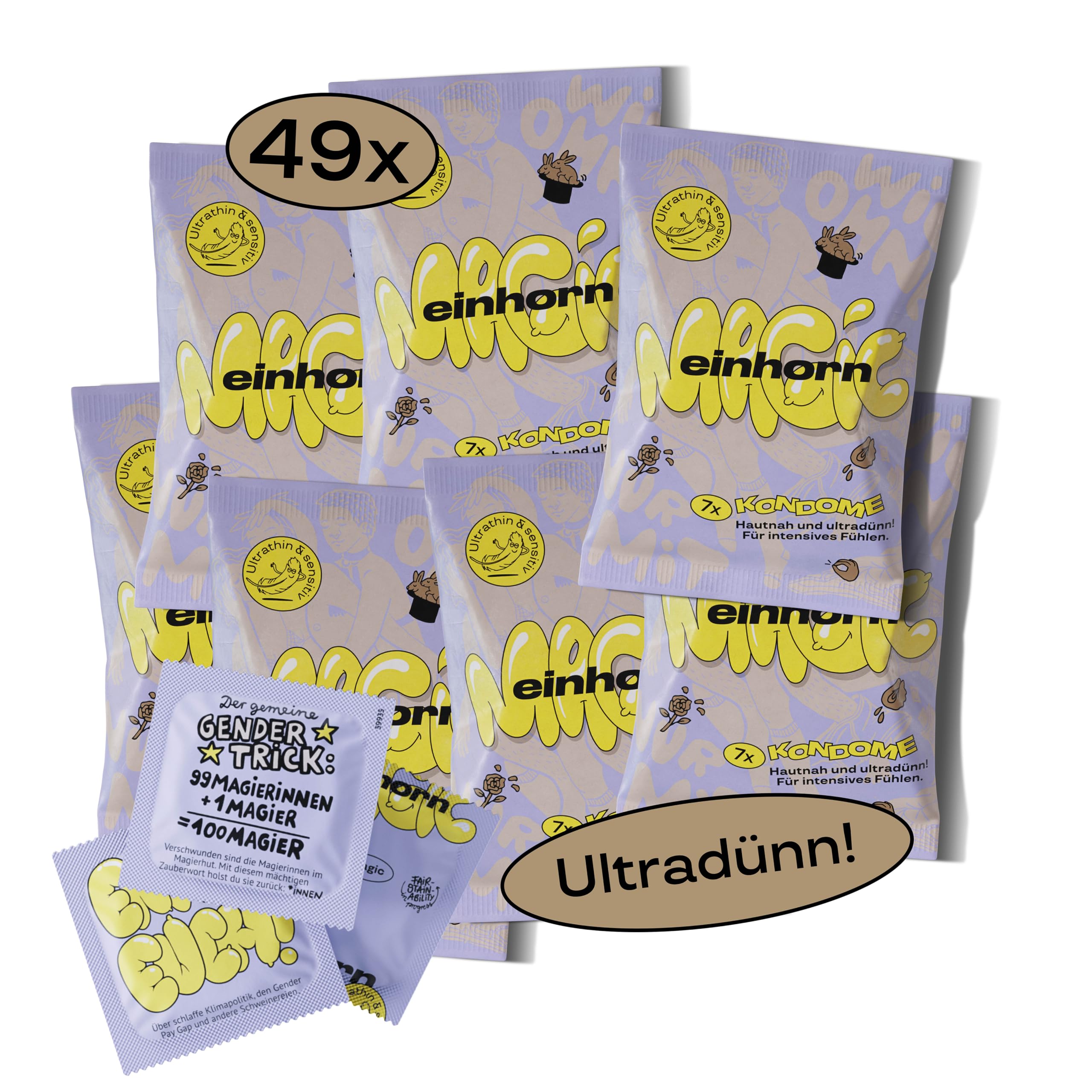 einhorn ultra dünne Kondome I 49er Jahresvorrat Magic I 49 Stück I Standardgröße 53 mm I vegane, hormonfreie Verhütung - natürlicher Gleitfilm - nachhaltig und sicher
