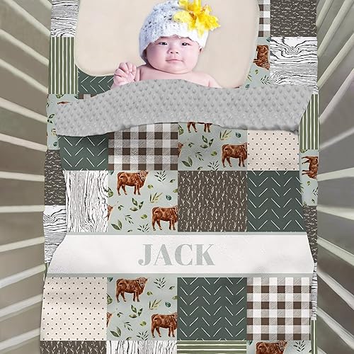 Miniatura 3 de Juego de cama personalizado para bebé, edredón para cuna con nombre personalizado y sábana bajera para niños y niñas, color verde vaca de tierra